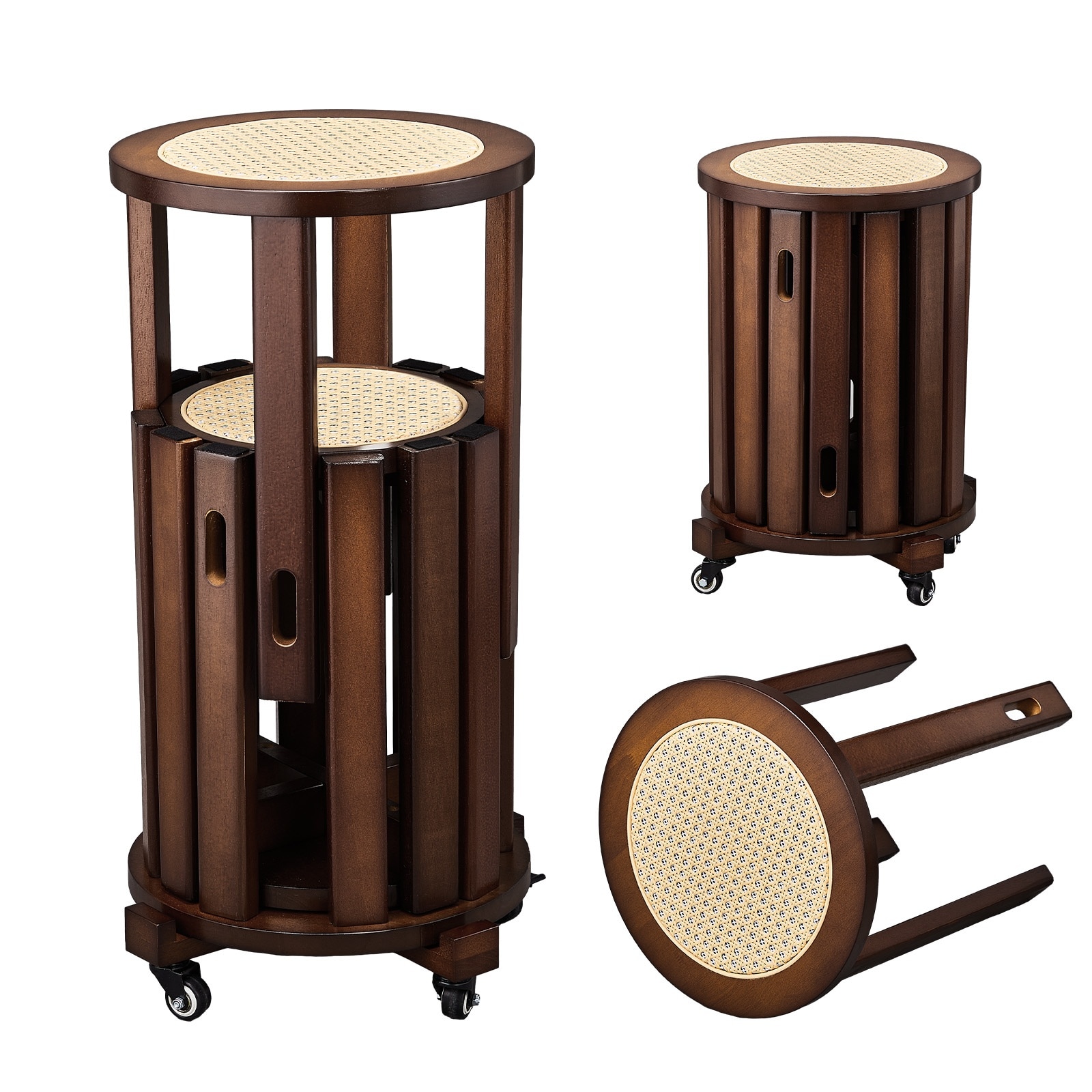 4-Pcs Stackable Stools with Mobile Base/Rubber Wood Rattan Woven Seat Walnut