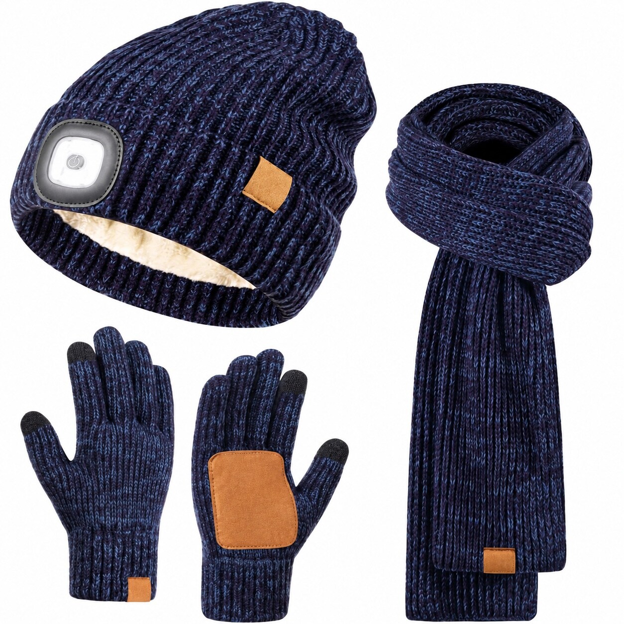 KHKFY  LED Beanie Gloves Scarf Set 3 Piece Winter Hat with Light Built in Headlamp Touchscreen Gloves and Long Scarf Warm Gift for Men or Women