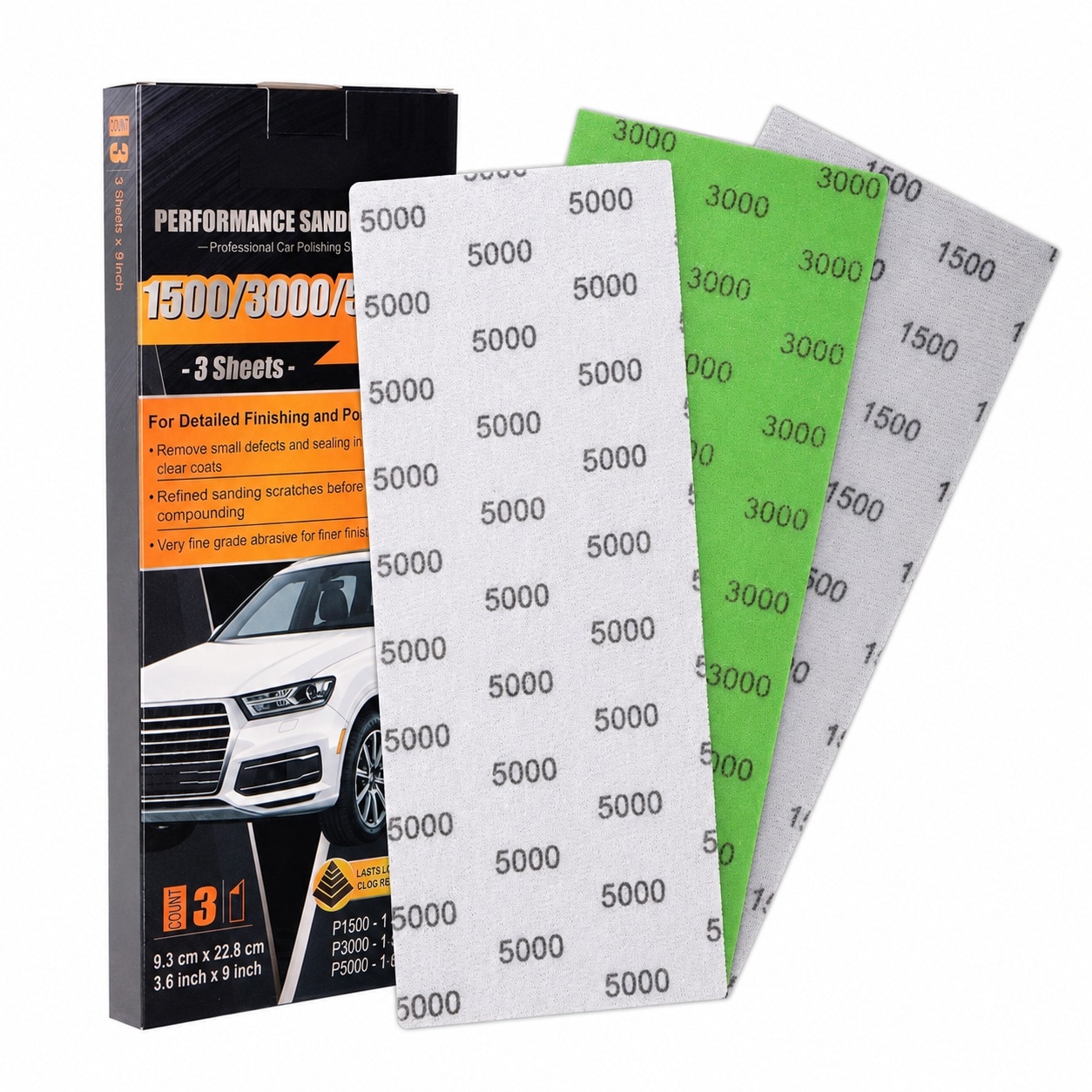 Oyezvary  Pyramid Structure Car Sandpaper Set 3.6 by 9 Wet Dry Polishing Pads 1500 3000 5000 Grit for Clear Coat Scratch Repair and Surface