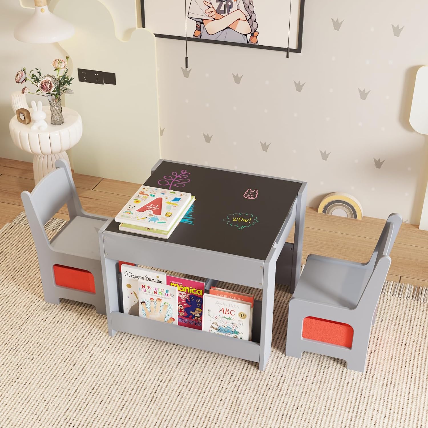WhizMax LSNL-PTO-0YTS548L Kids Art Table and Chair Set 4 in 1 Children Activity Table and 2 Chairs with Storage Drawer