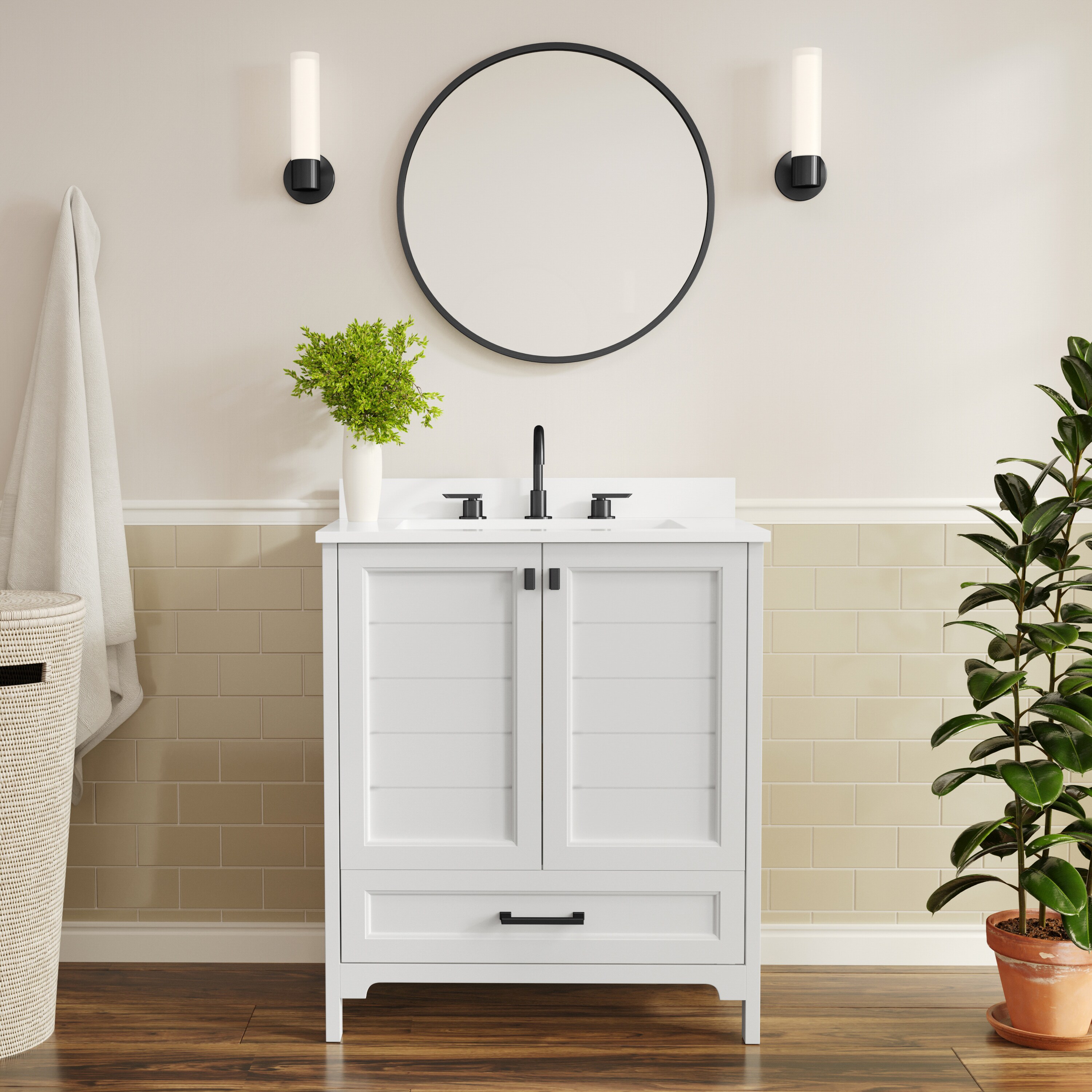 Flash Furniture 196861192944 Haven 30-in Bathroom Vanity with Sink; Storage Cabinet with Black Hardware; Soft Close Doors and Bottom Drawer; Carrara Marble Finish Countertop; White