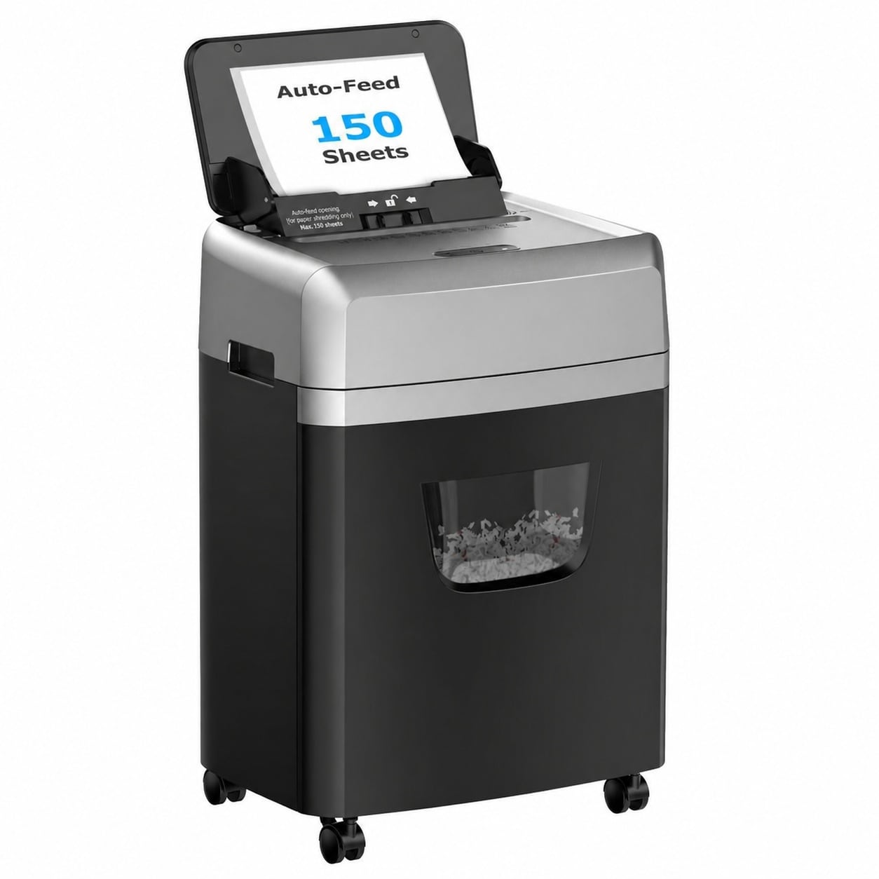 Justincity  150 Sheet Autofeed Micro Cut Paper Shredder Heavy Duty 60 Minute Run Time 6 Gallon Bin P4 High Security for Office Home Manual Feed