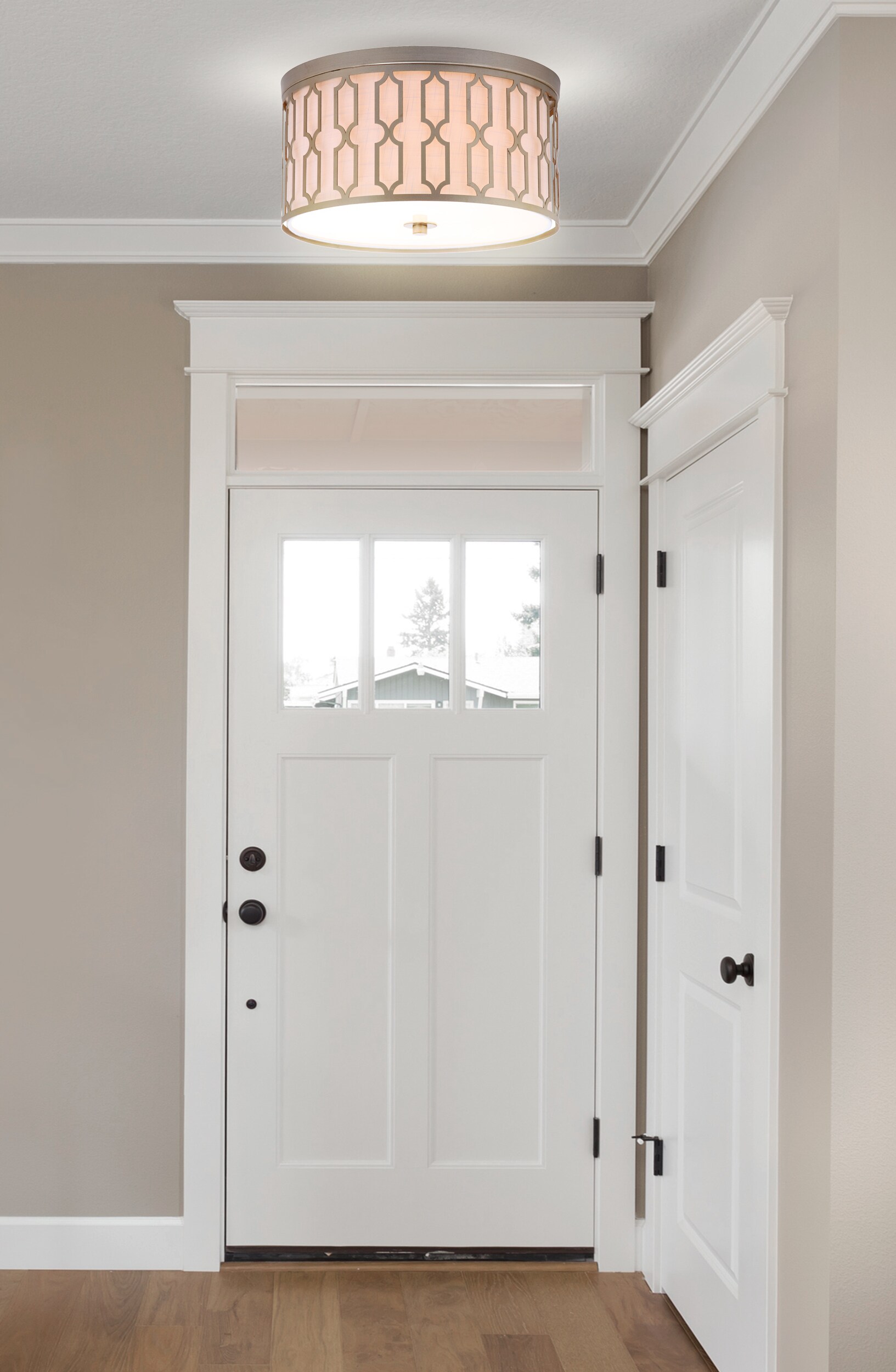 Soft Gold Geometric 3-Light LED Flush Mount with White Linen Shade