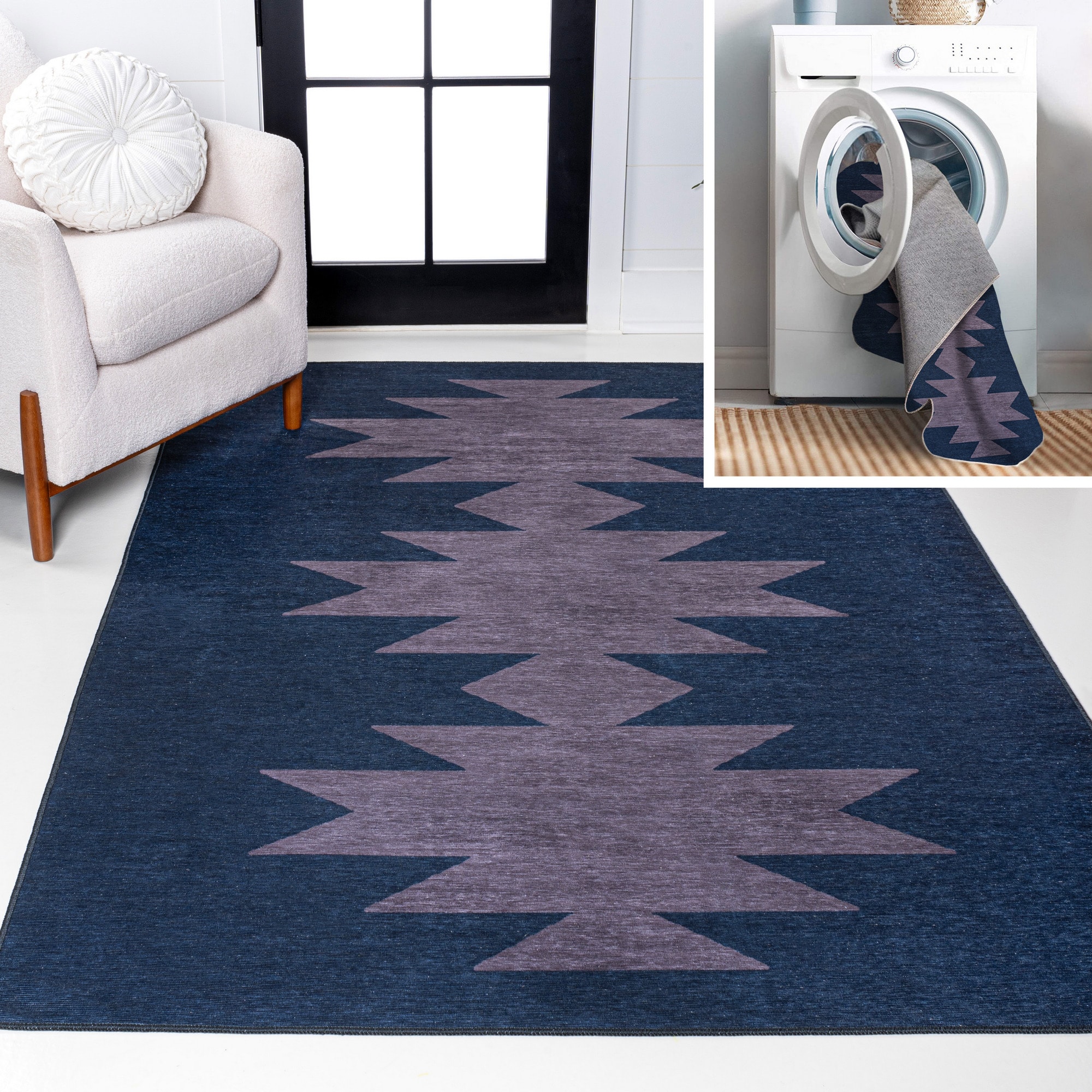 JONATHAN  Y WSH110F-9 WASHABLE Chayton Minimalist 9 x 12 (ft) Loomed Chenille Navy/Purple Rectangular Indoor Geometric Southwestern Machine washable Area rug