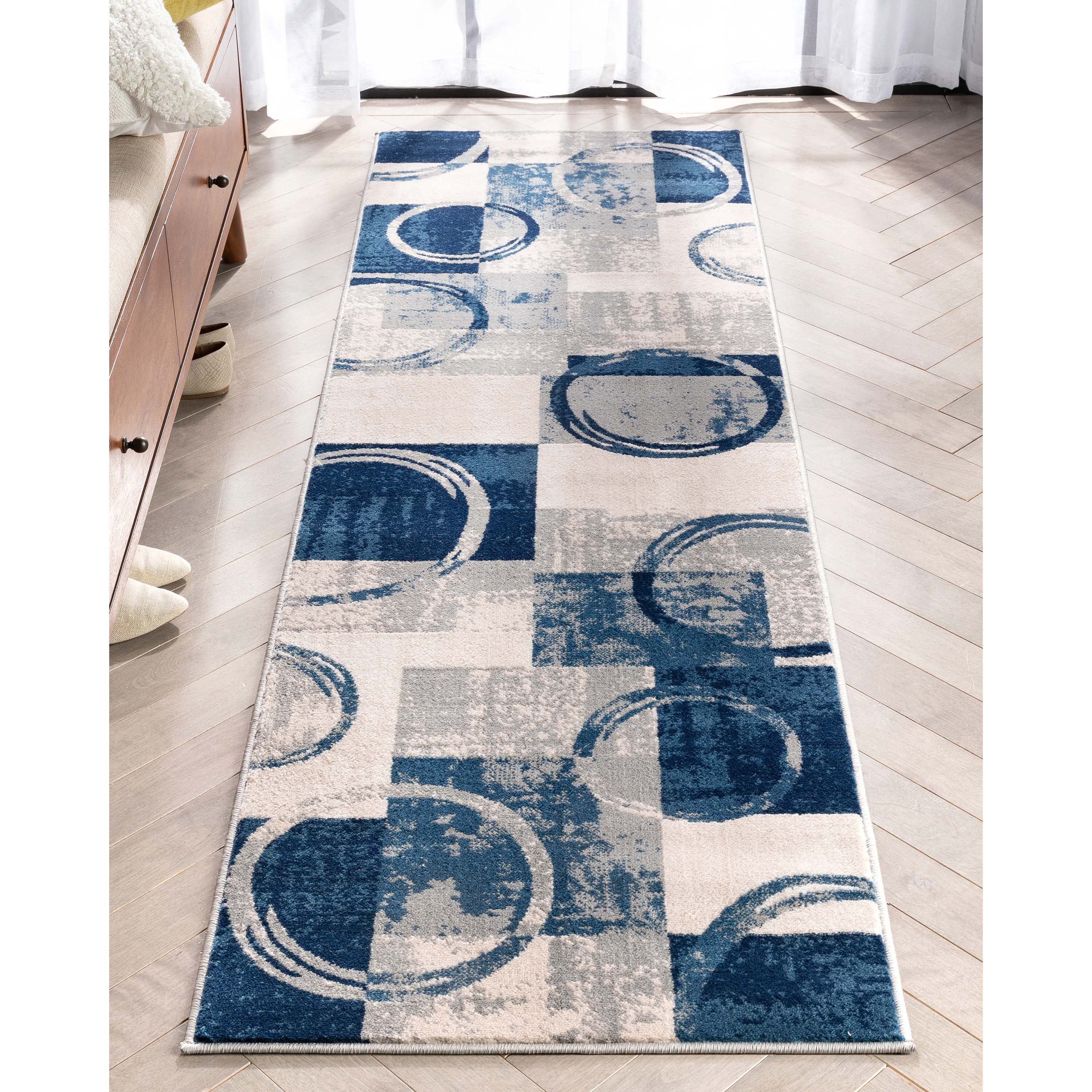 Geometric Gray Blue Synthetic Runner Rug