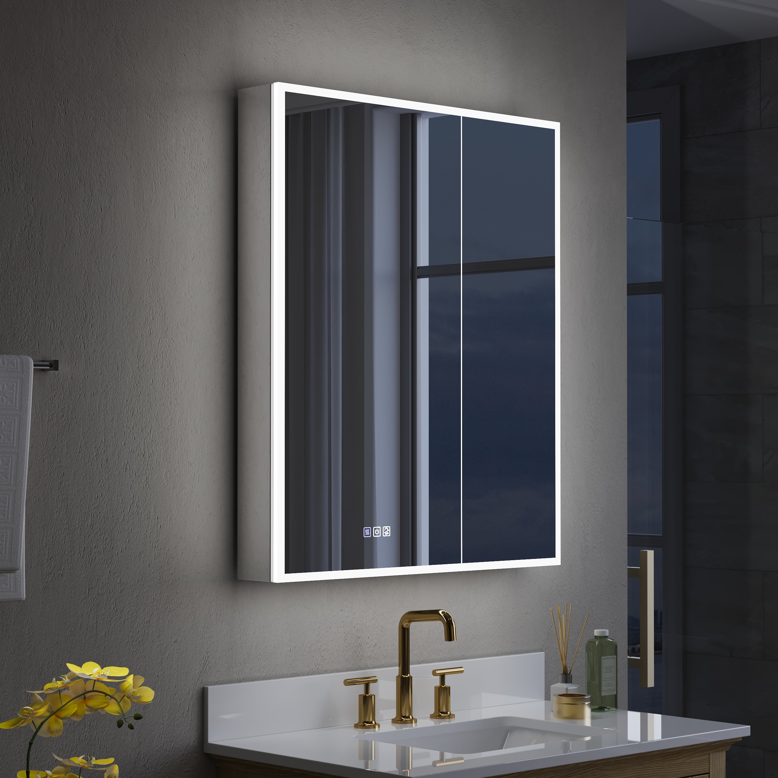WELLFOR ELIN 30-in x 36-in Lighted LED Fog Free Surface/Recessed Mount Aluminum Mirrored Rectangle Soft Close Medicine Cabinet with Outlet