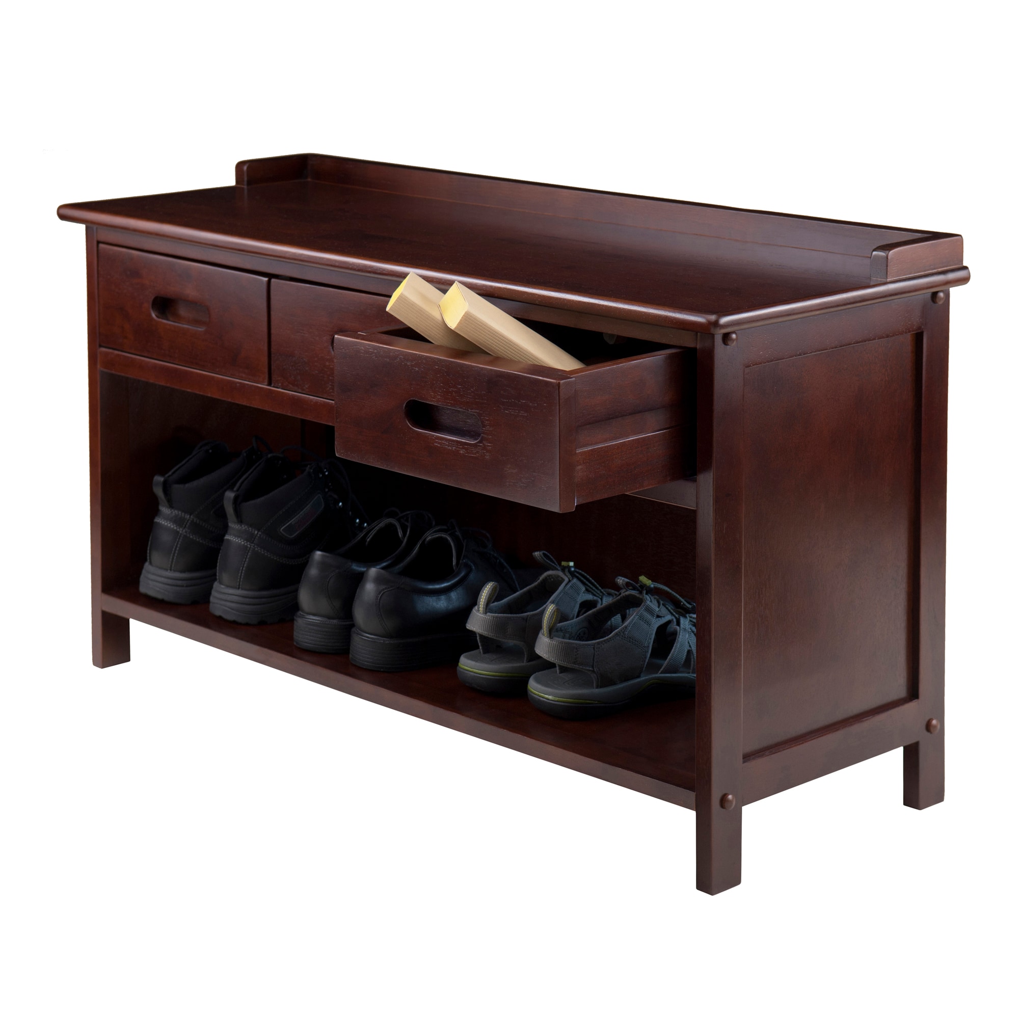Transitional Walnut Finish Storage Bench with 3 Drawers