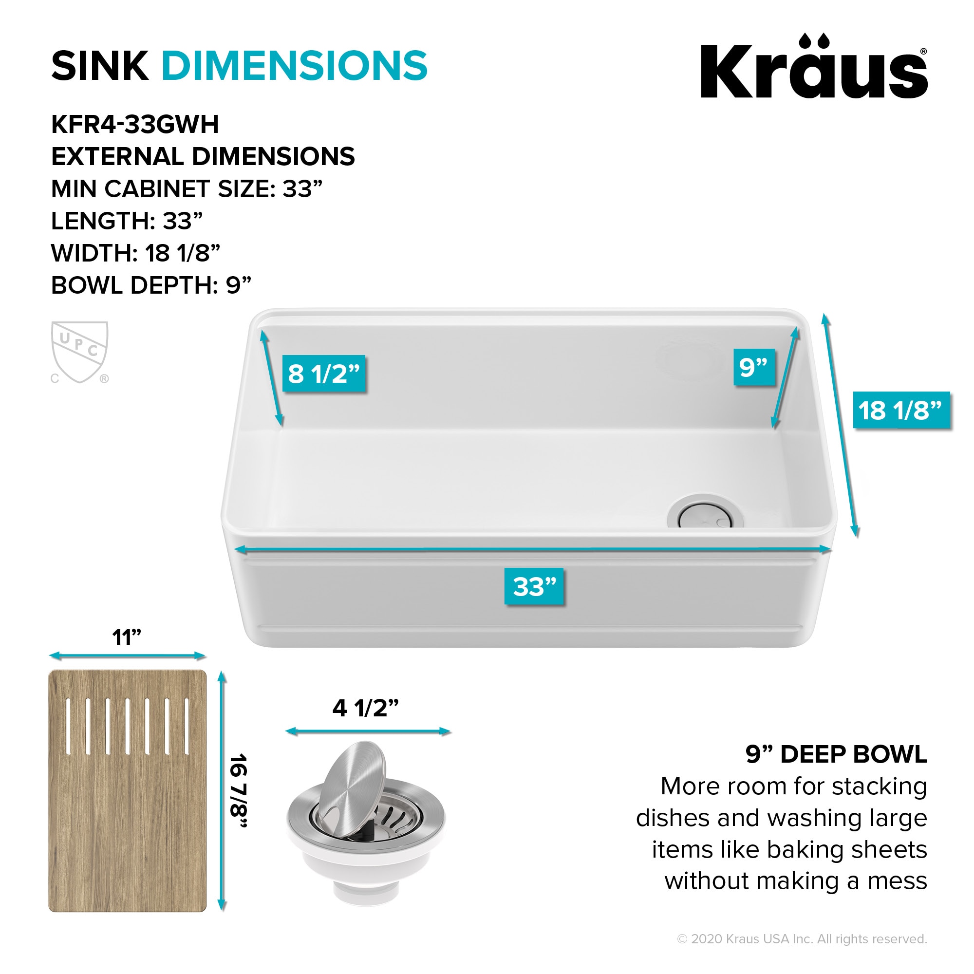 Turino™ 33'' W Solid Core Fireclay Dual-Mount Workstation Drop-In /  Undermount Single Bowl Kitchen Sink in Gloss White or Matte Grey by KRAUS