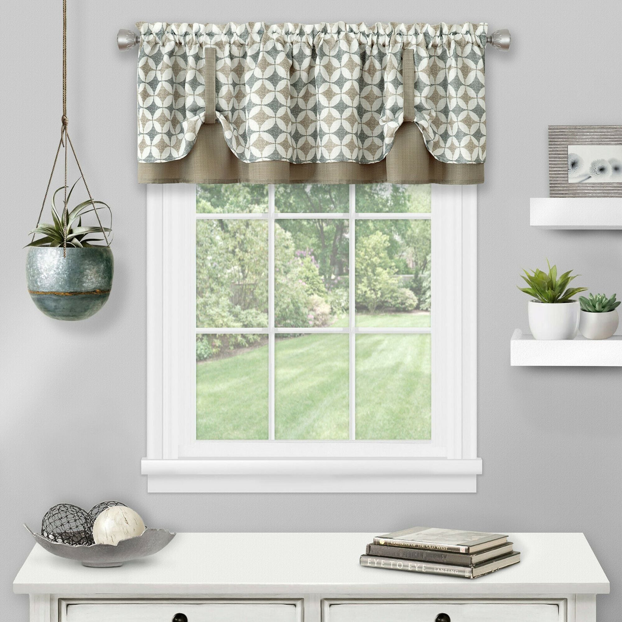 KATE AURORA Modern Geometric Button Tuck Layered Rod Pocket Window Valance 56 in W x 15 in L Taupe