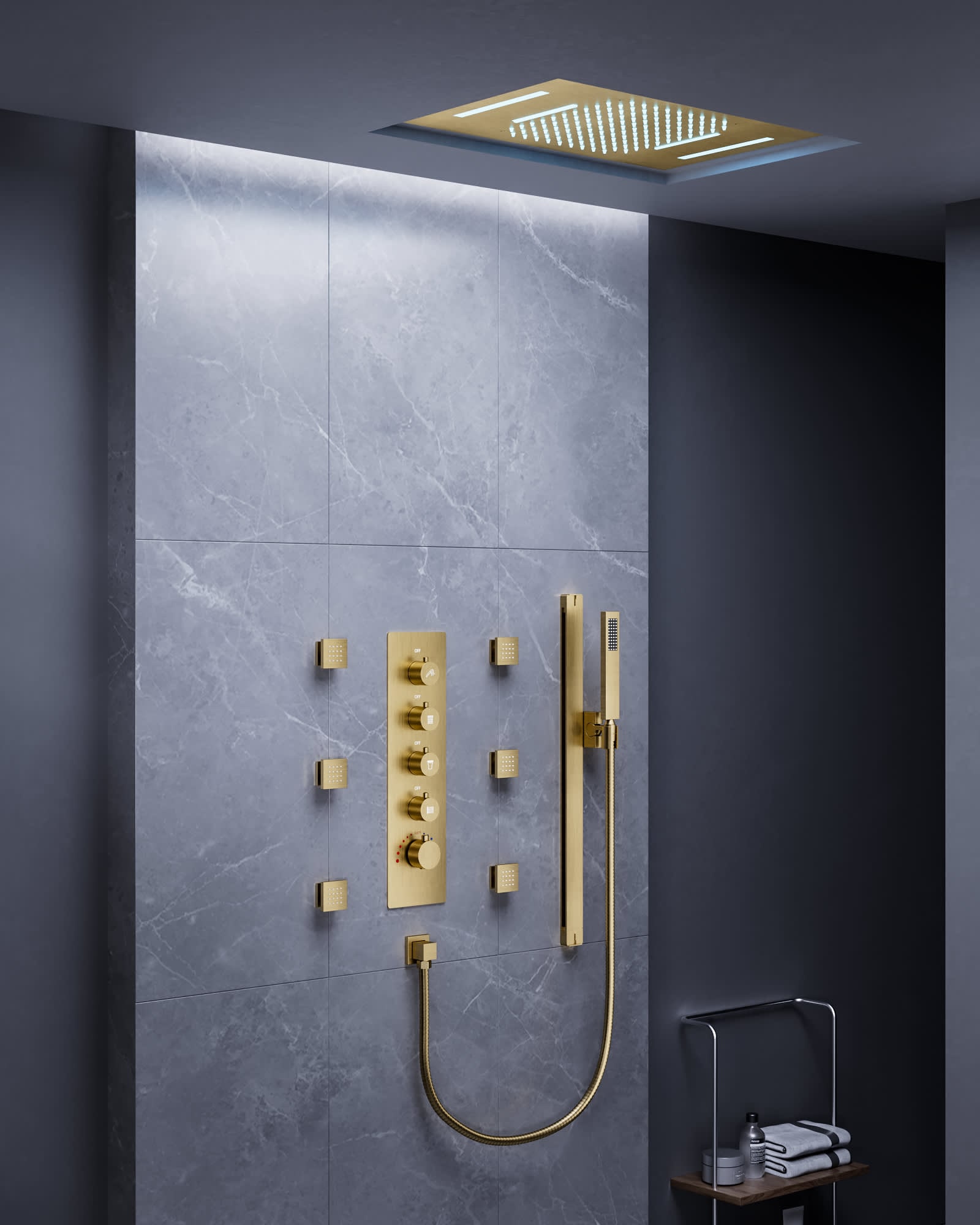 EVERSTEIN SFS-1025-GD 15-Spray 23 in. L x 15 in. W LED Flush Ceiling Mount Waterfall Fixed and Handheld Shower Head in Brushed Gold