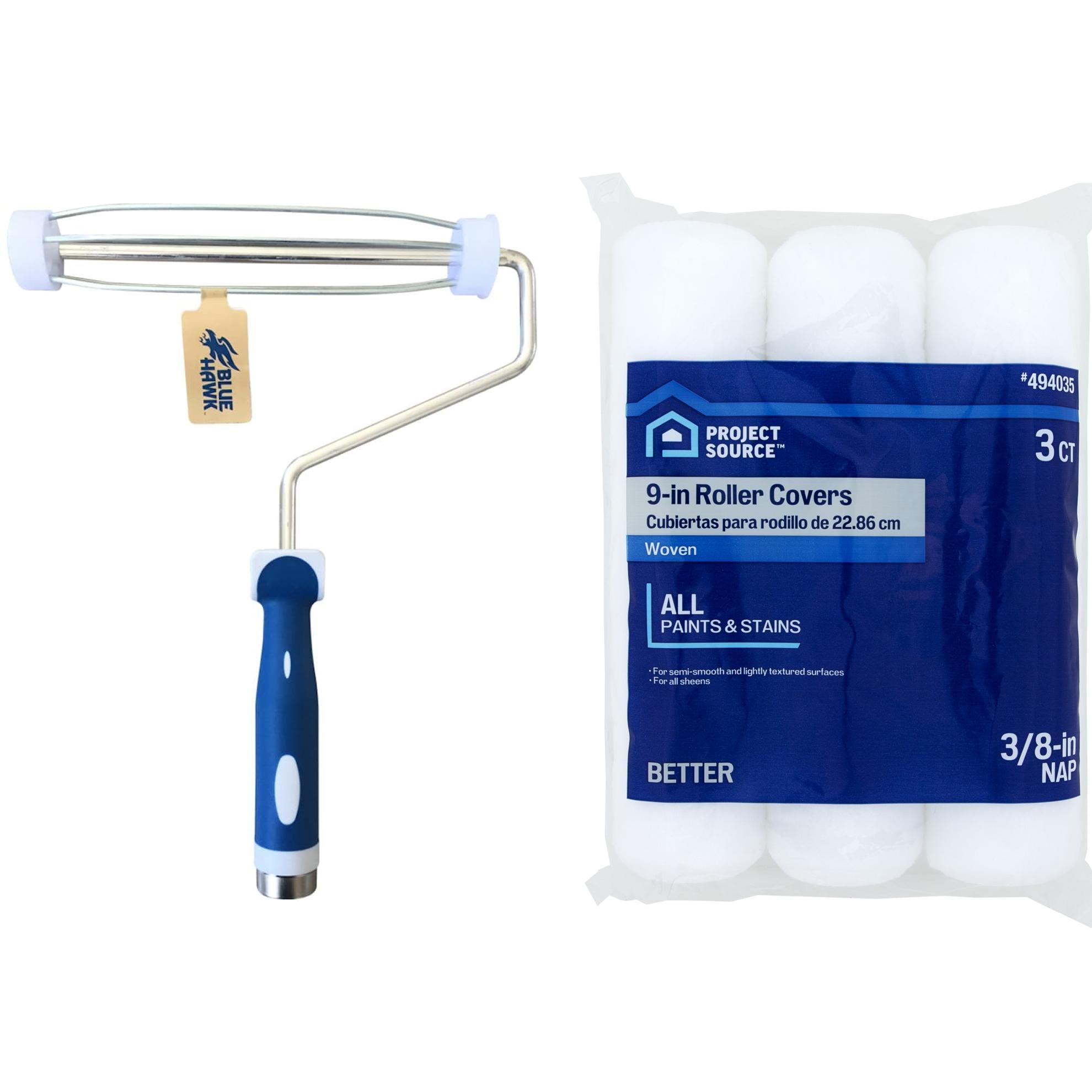 Project Source  9-in Metal Standard Paint Roller Frame with 3pk 9.0-in x 3/8-in Nap Better Semi-Smooth and Lightly Textured Surfaces Standard Woven Synthetic Blend Paint Roller Cover