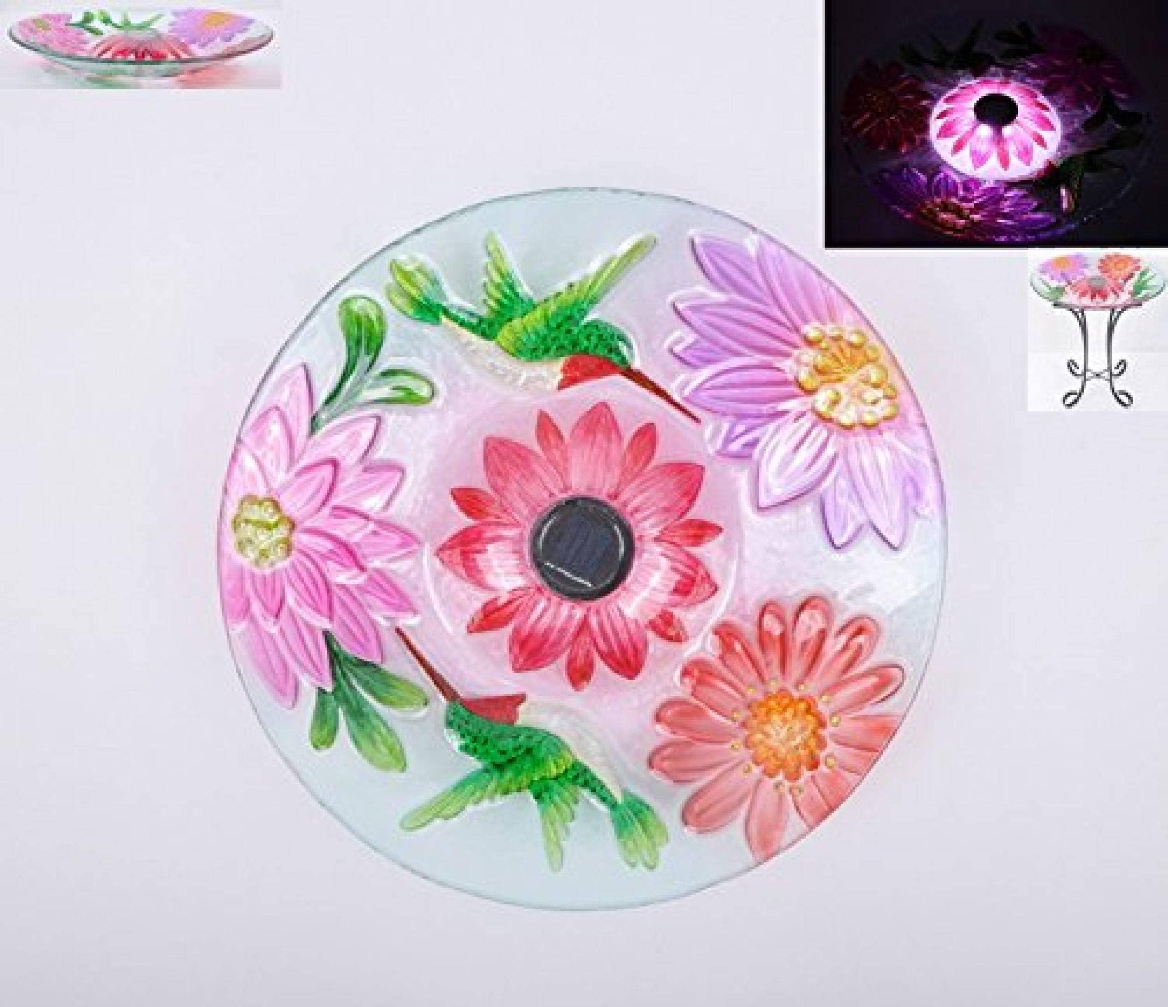 Solar Floral Glass Hummingbird Birdbath with Metal Stand