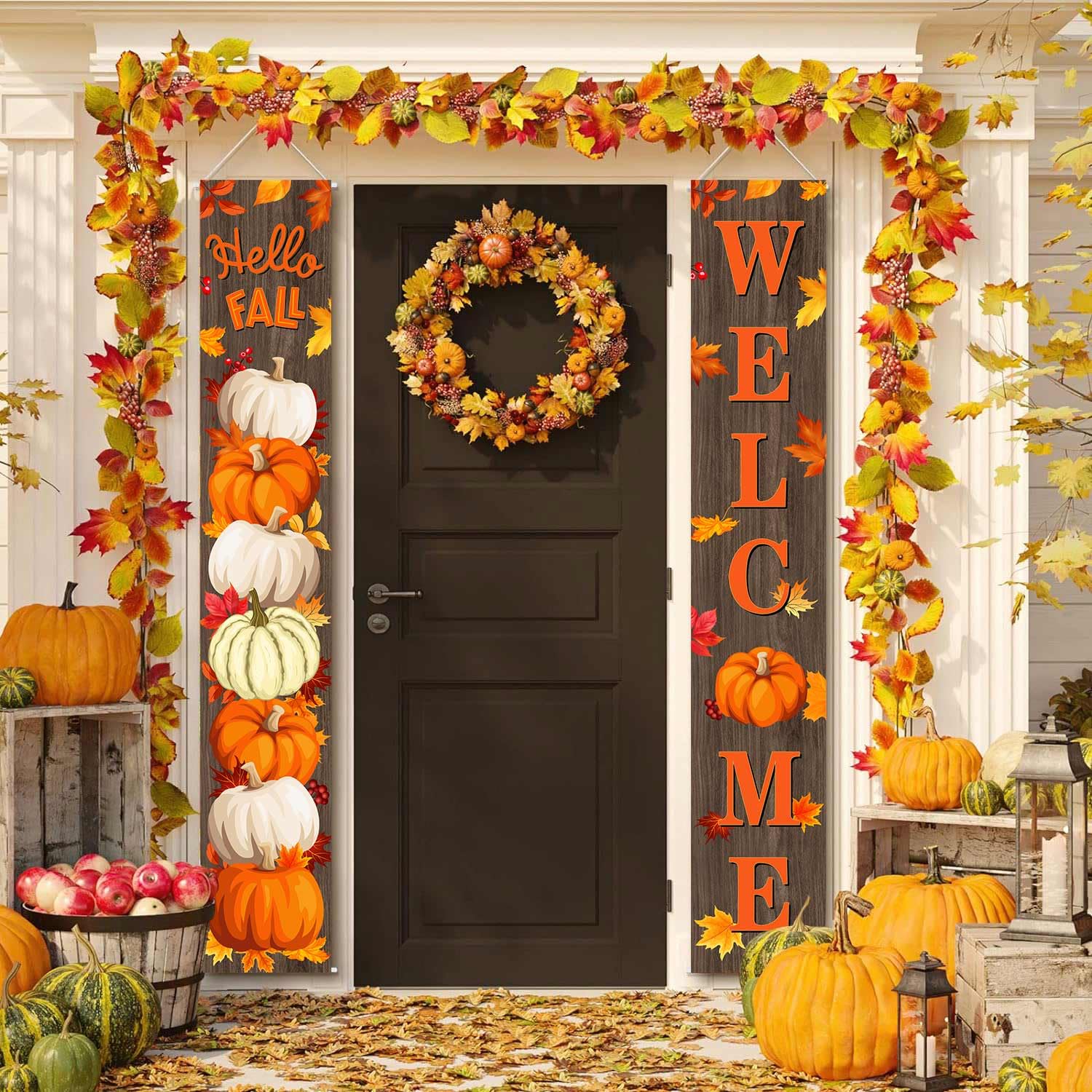 KHKFY -  Pumpkin Thanksgiving Porch Banner Sign Hello Fall Maple Leaves Door Decorations Board Wa...