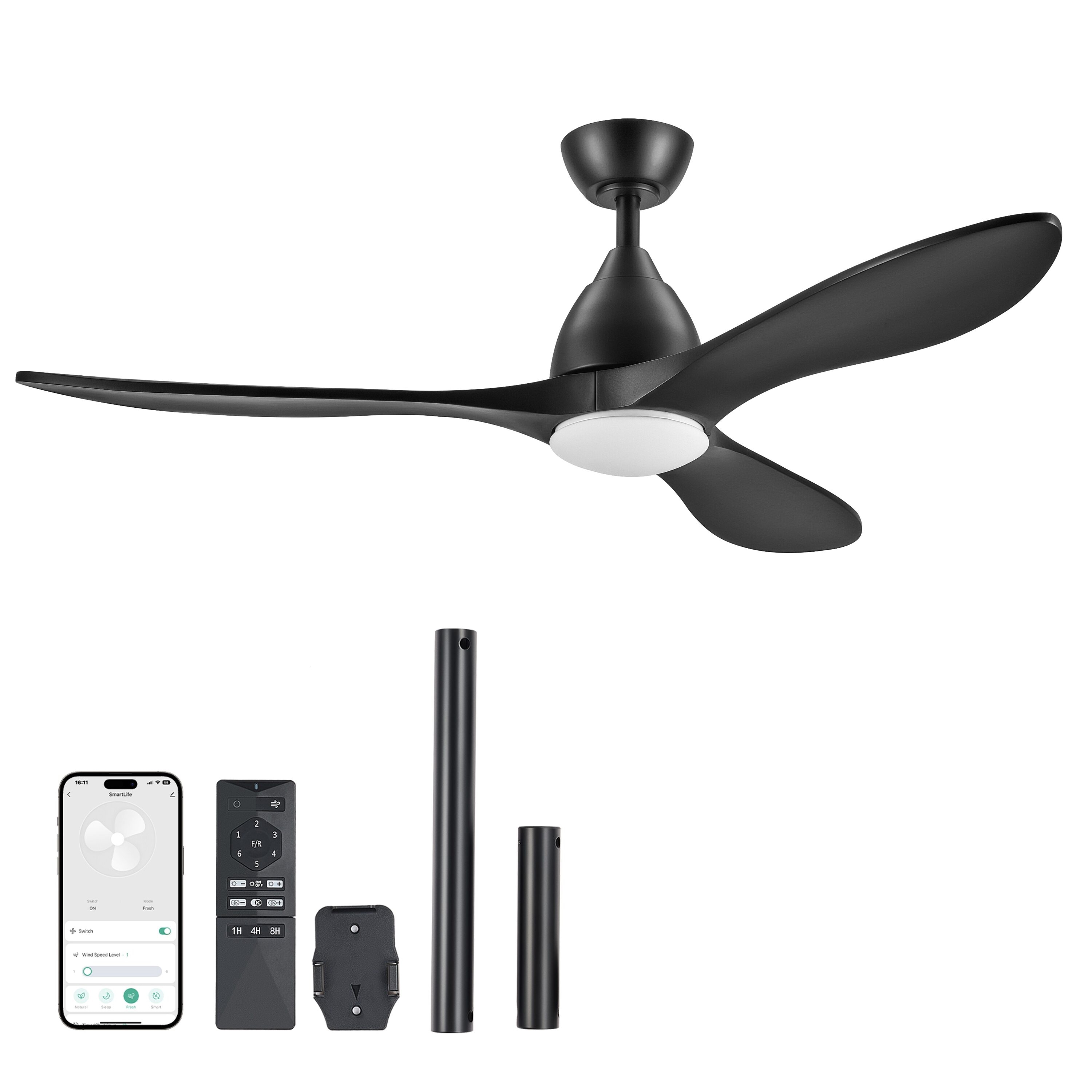 CO-Z CFN-1314-BK 52-in Color-Changing Integrated LED Smart Black with Black Blades Propeller Ceiling Fan With Light - Remote Included ( 3 -Blade )