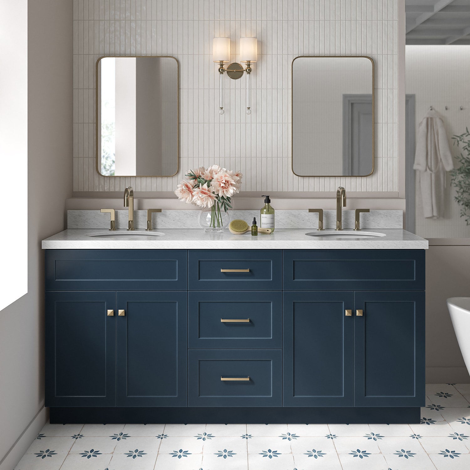 ARIEL F073DCWOVOMNB Hamlet 73-in Midnight Blue Undermount Double sink Bathroom Vanity with Carrara White Marble Marble Top
