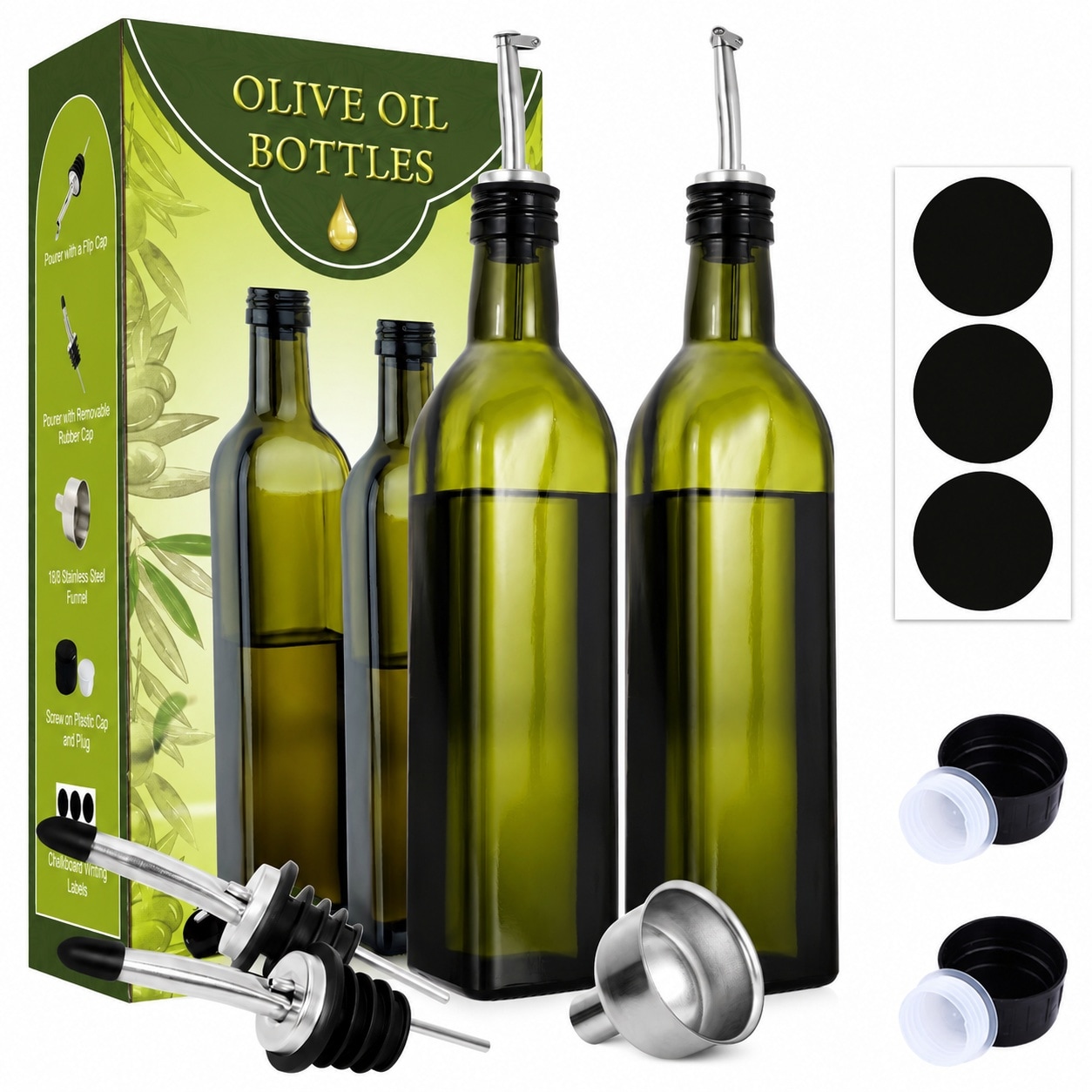 Aoibox  Glass Olive Oil Dispenser Bottle Set Dark Green 17 oz Bottles with Stainless Steel Pourers Funnel and Labels