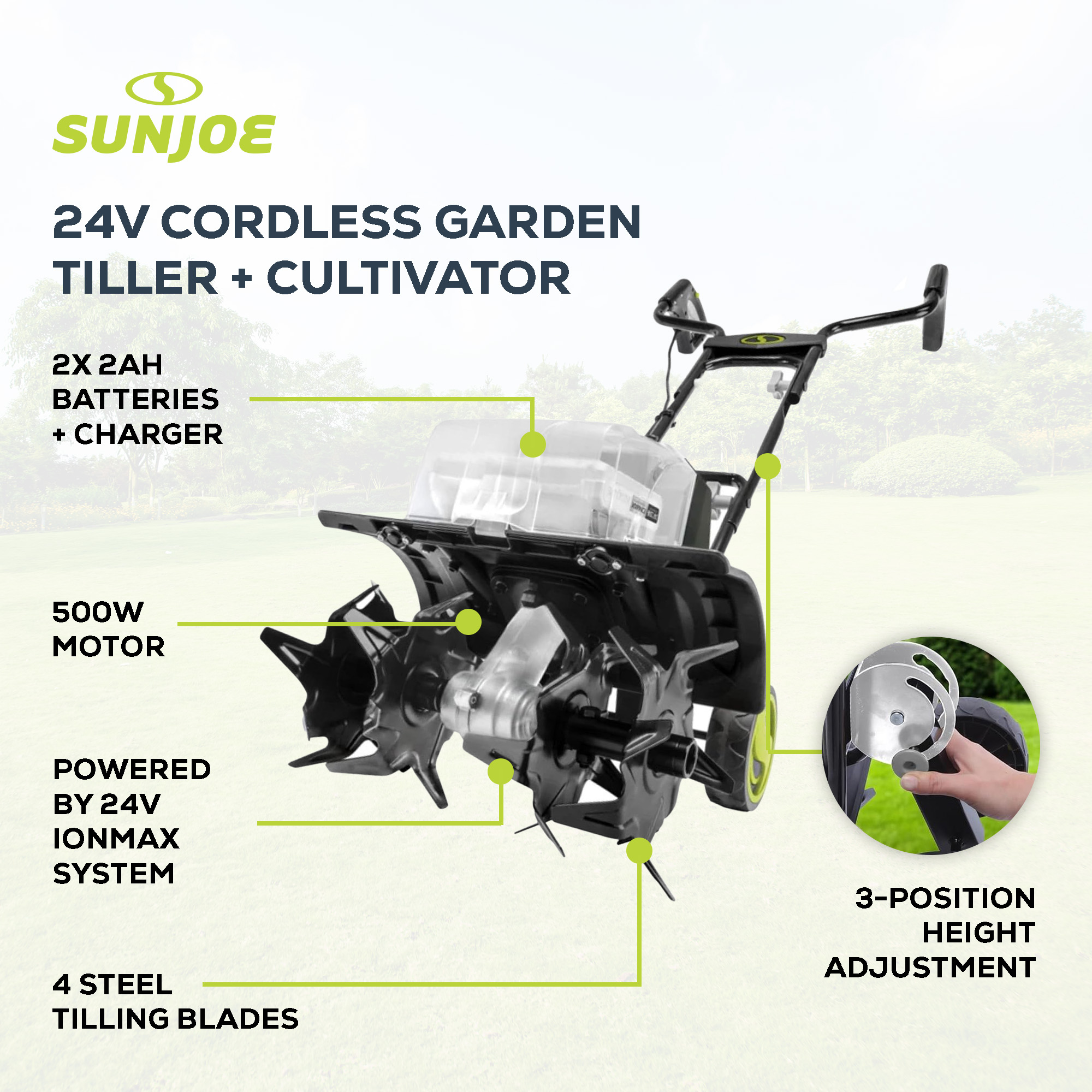 Sun Joe 24V Cordless Garden Tiller Cultivator Accessory Kit Black