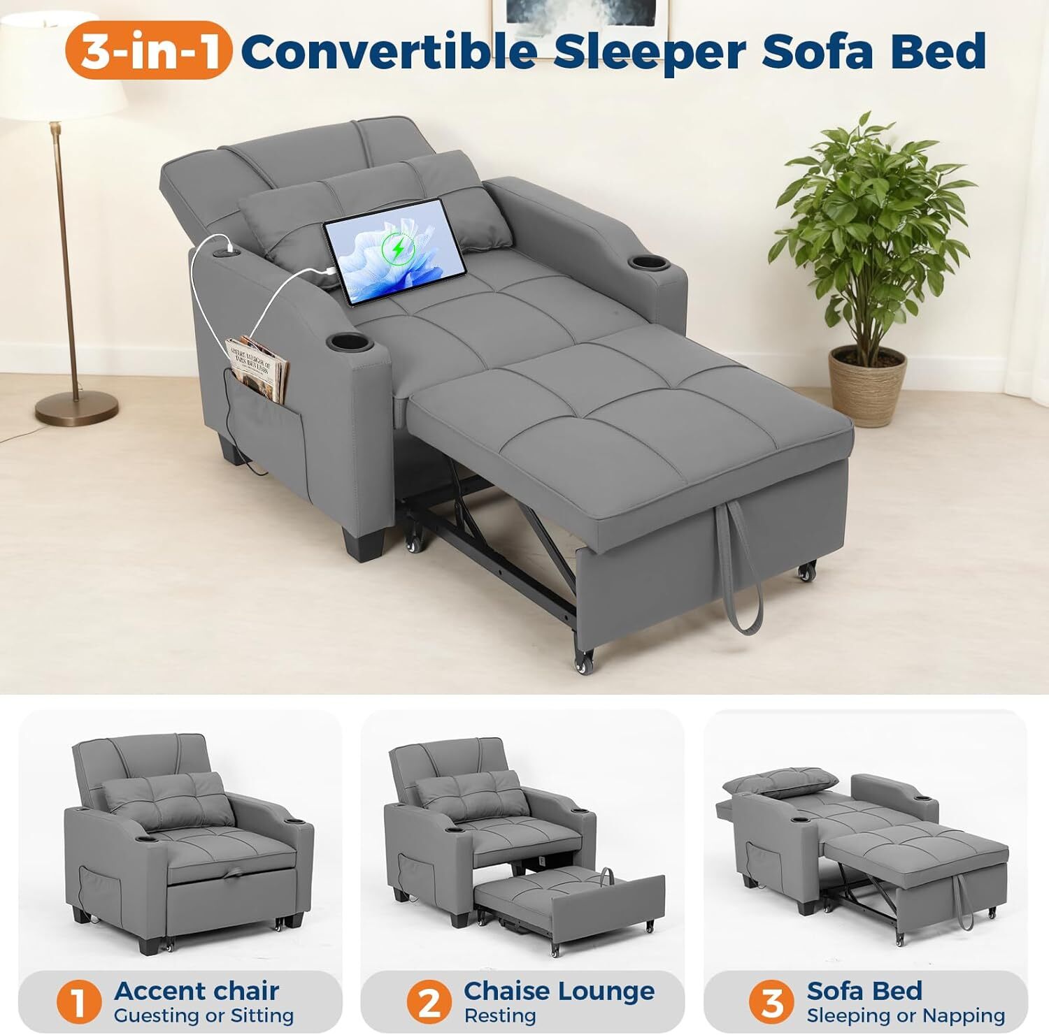 Garvee 35-in Gray Sleeper Chair Bed 4 in 1 Convertible Sofa Chair
