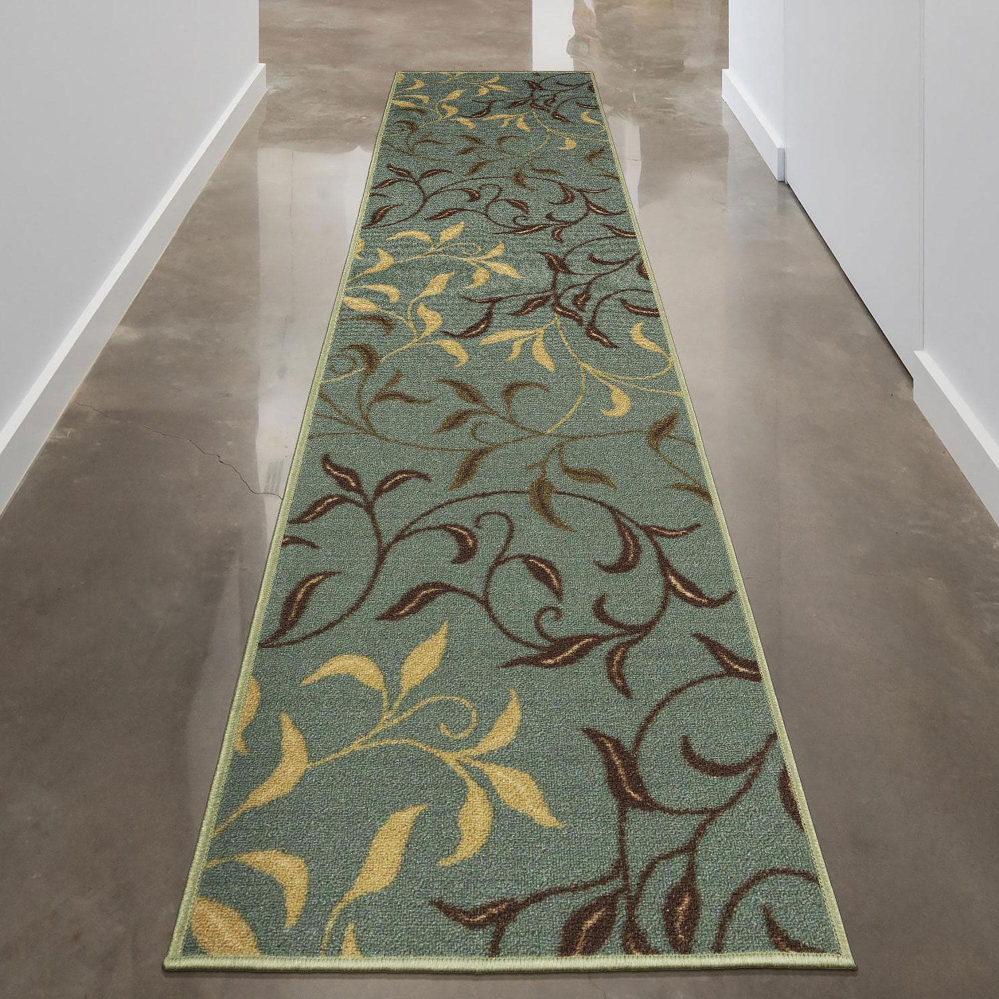 Ottomanson CLS3065-3X10 Leaves Rug For Hallway 3 x 10 (ft) Loomed Nylon Seafoam Green Leaves Rectangular Indoor Floral/Botanical Runner rug