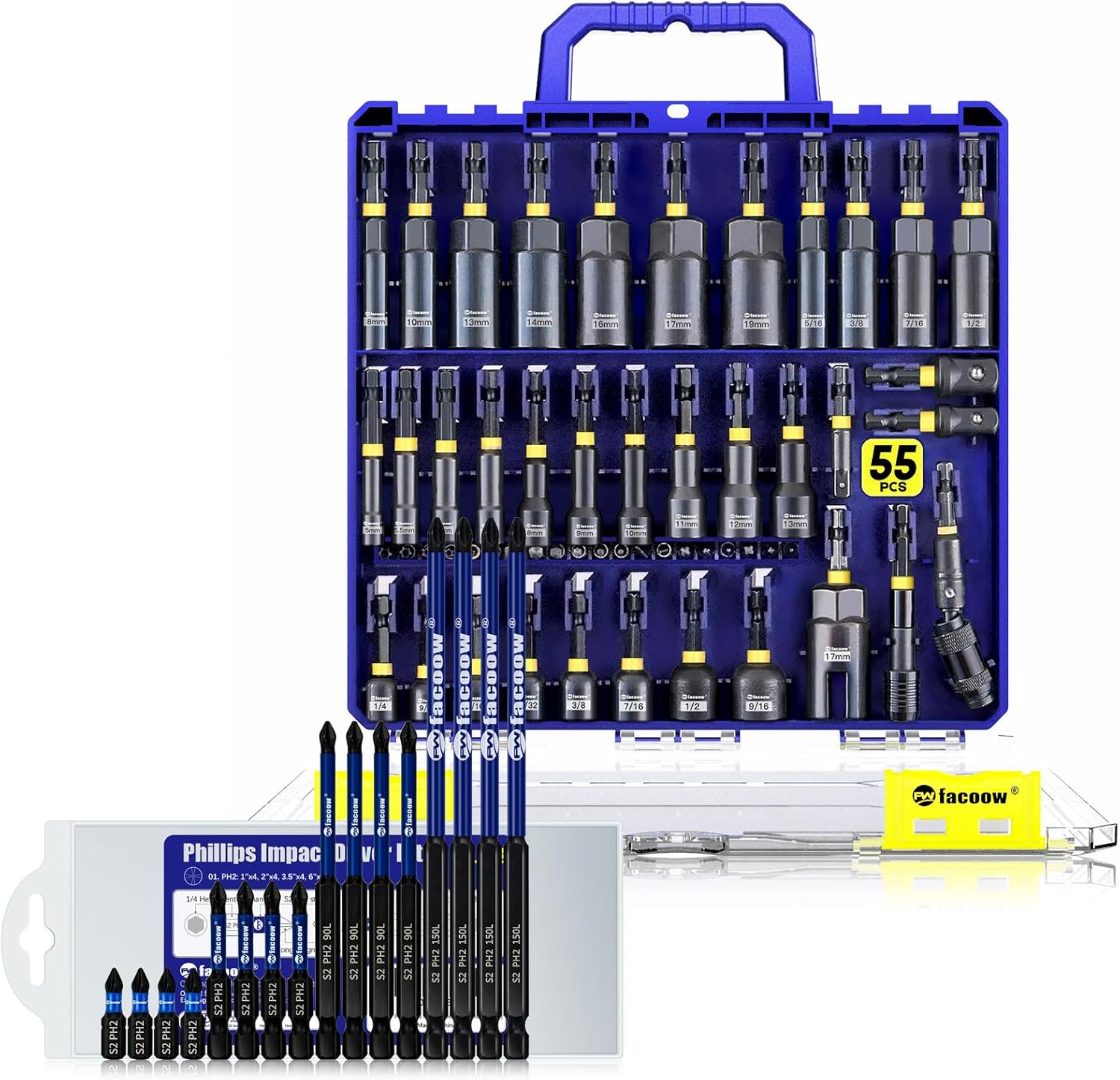 Facoow Magnetic Nut Driver Set for Impact Drill Long Anti Slip Bits Magnetic and Deep Nit Drivers and Wing Nut Drivers Bit Extentions 55pcs 16pcs Impact Nut Driver Bit Sets