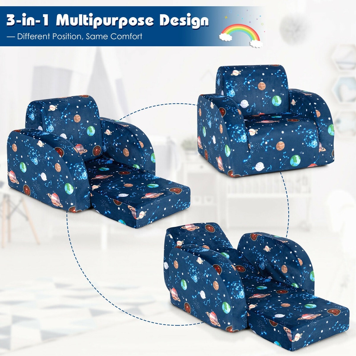 Costway  3-in-1 Convertible Kid Sofa Bed Flip-Out Chair Lounger for Toddler Blue