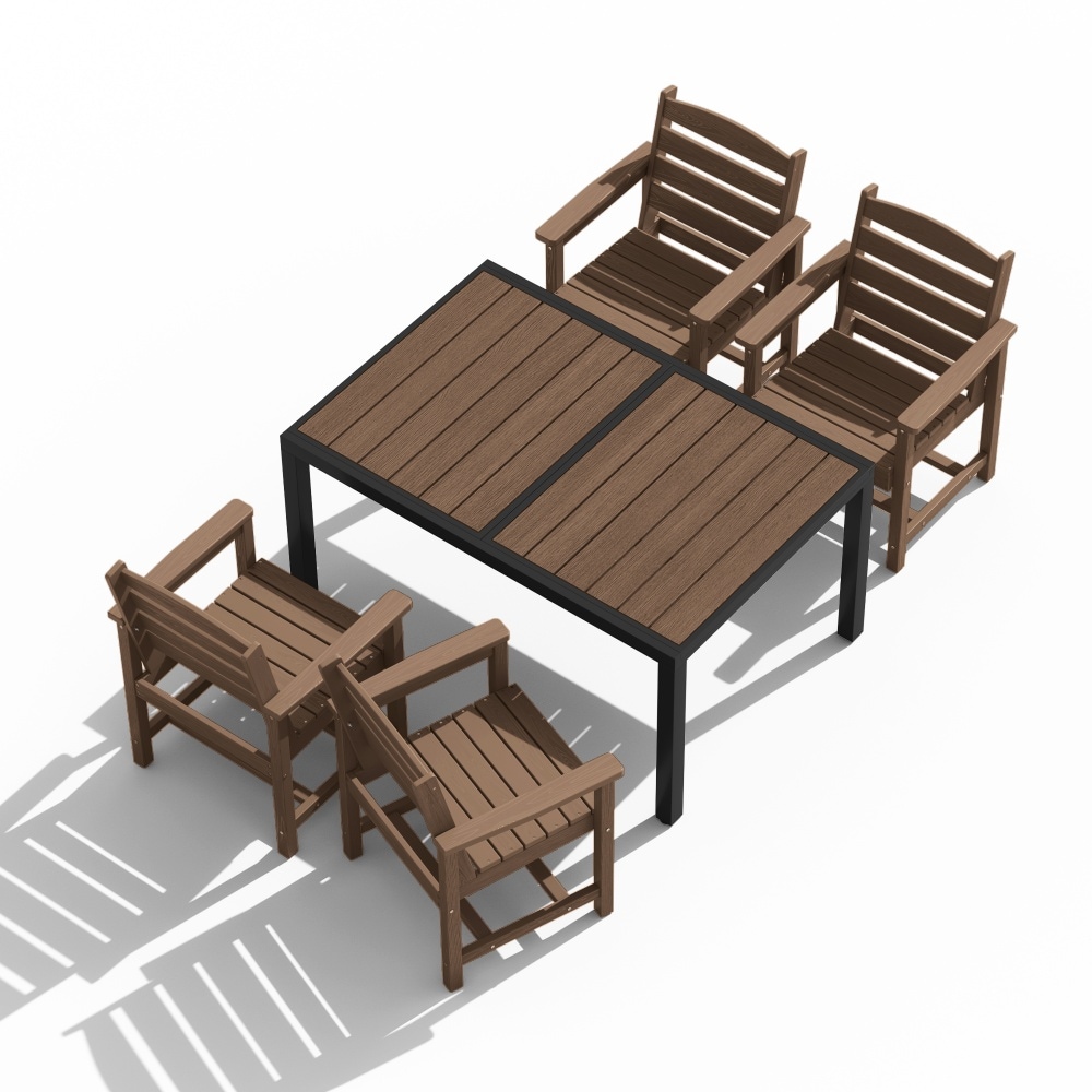 JEAREY HDPE 5 -Piece Brown Patio Dining Set Extendable Table HDPE Rectangle Table with 4 Stationary Chairs