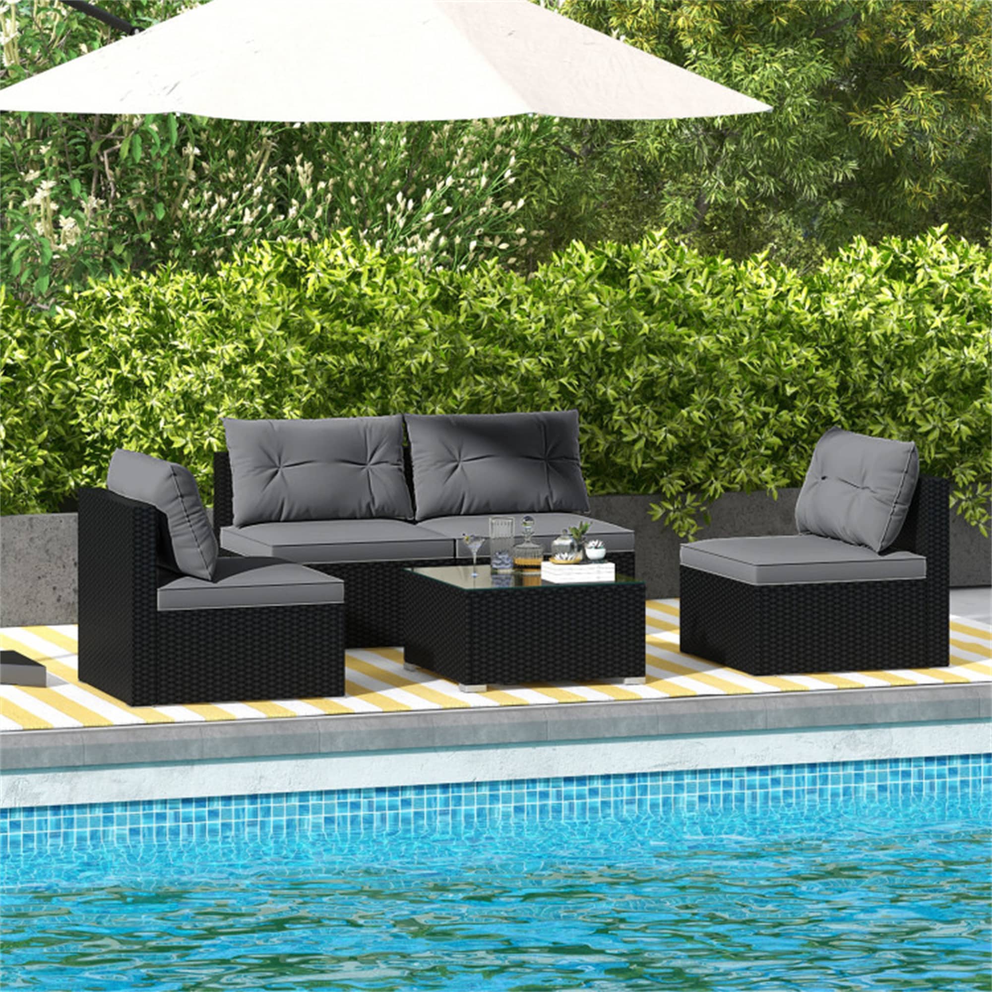 BABOOM BOM-73008GR-CO 5-Piece Outdoor Patio Furniture Set with Cushions and Coffee Table Rattan Outdoor Sectional with Gray Cushions and Rattan Frame