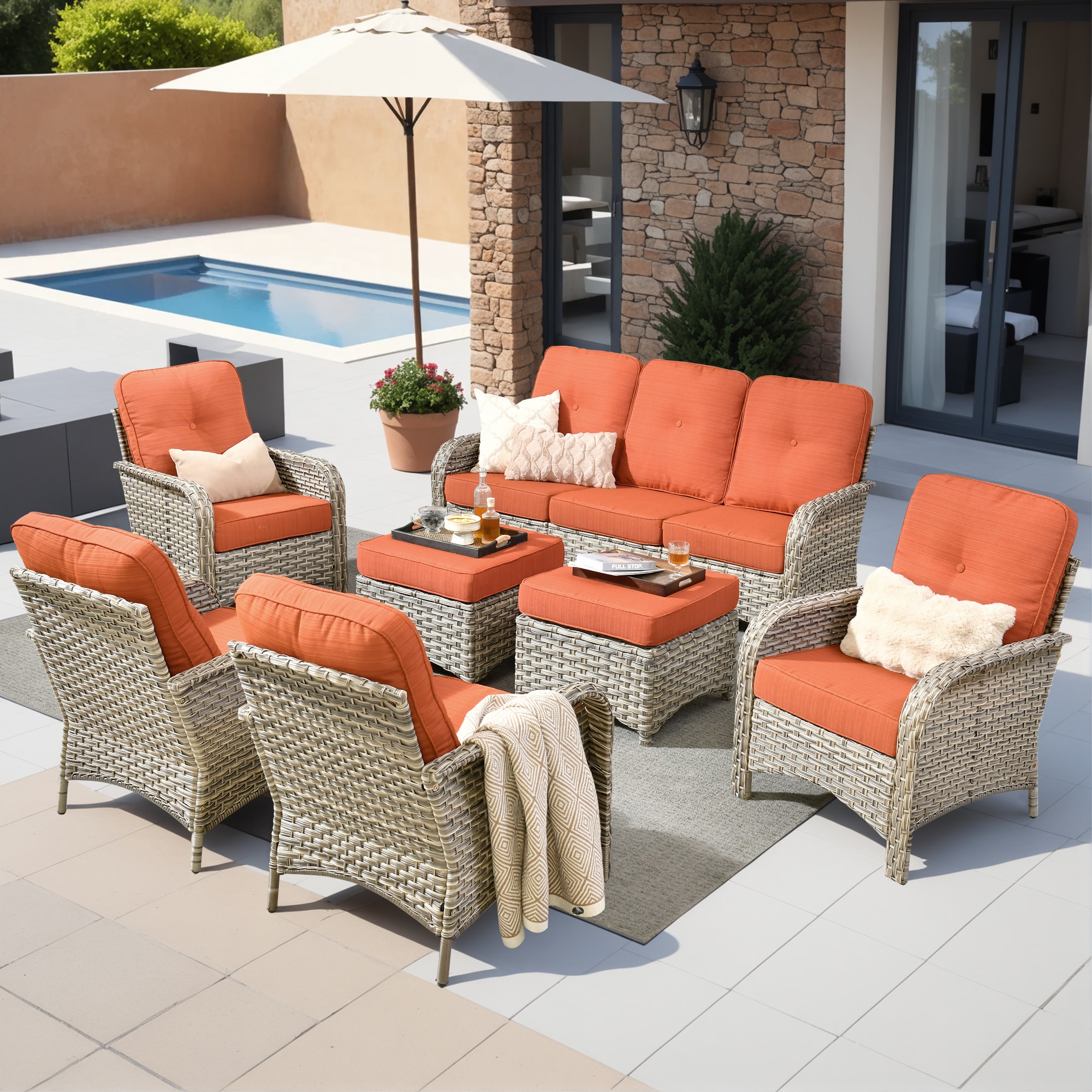 XIZZI XIVNC8073 Scorpio 7 -Piece Rattan Patio Sofa Conversation Set with Orange Cushions