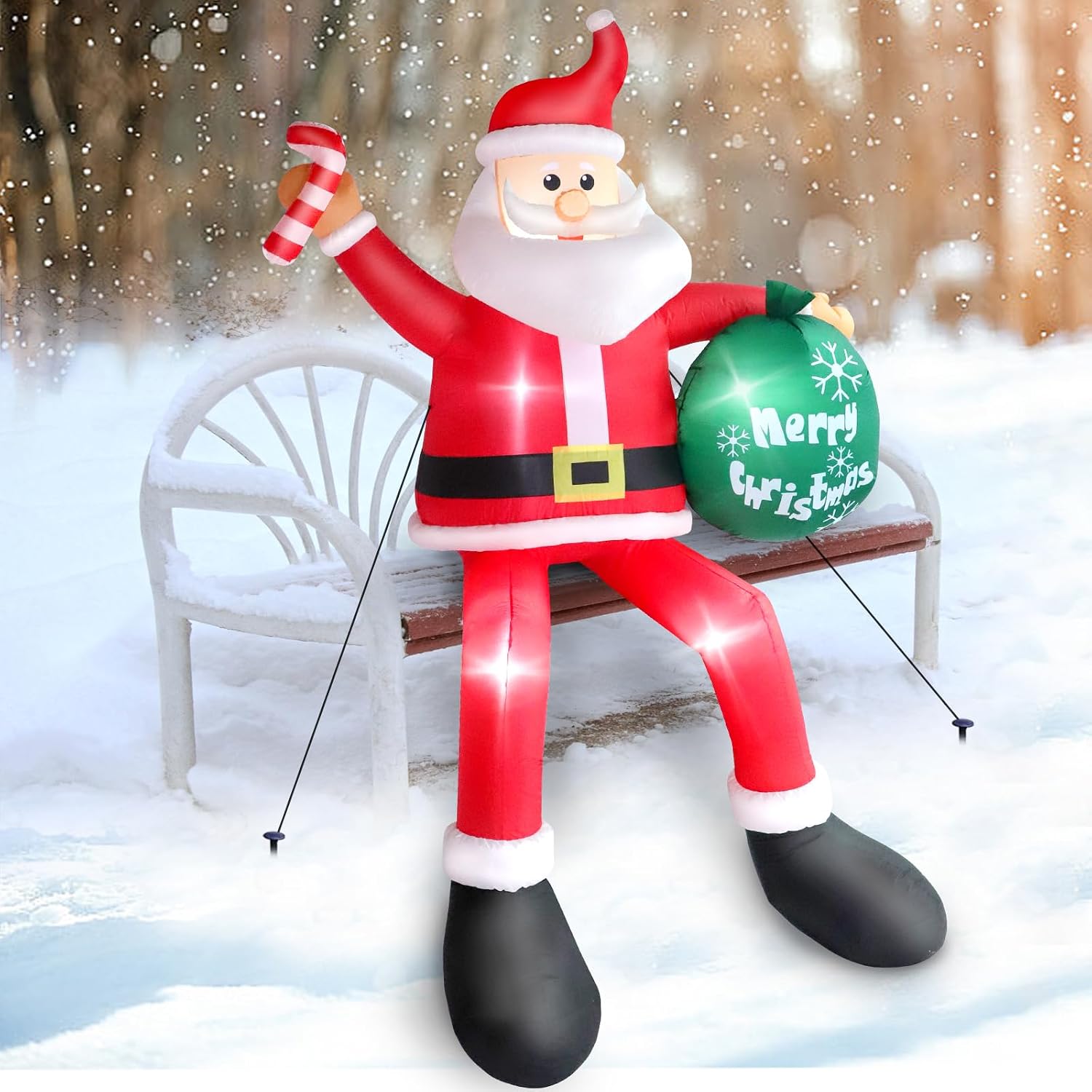 FunFanso 8 Ft Inflatable Sitting Santa Claus with LED Lights and Gift Bag Outdoor Indoor Christmas Yard Decoration with Built-In Fan Stakes Ropes and Sandbags