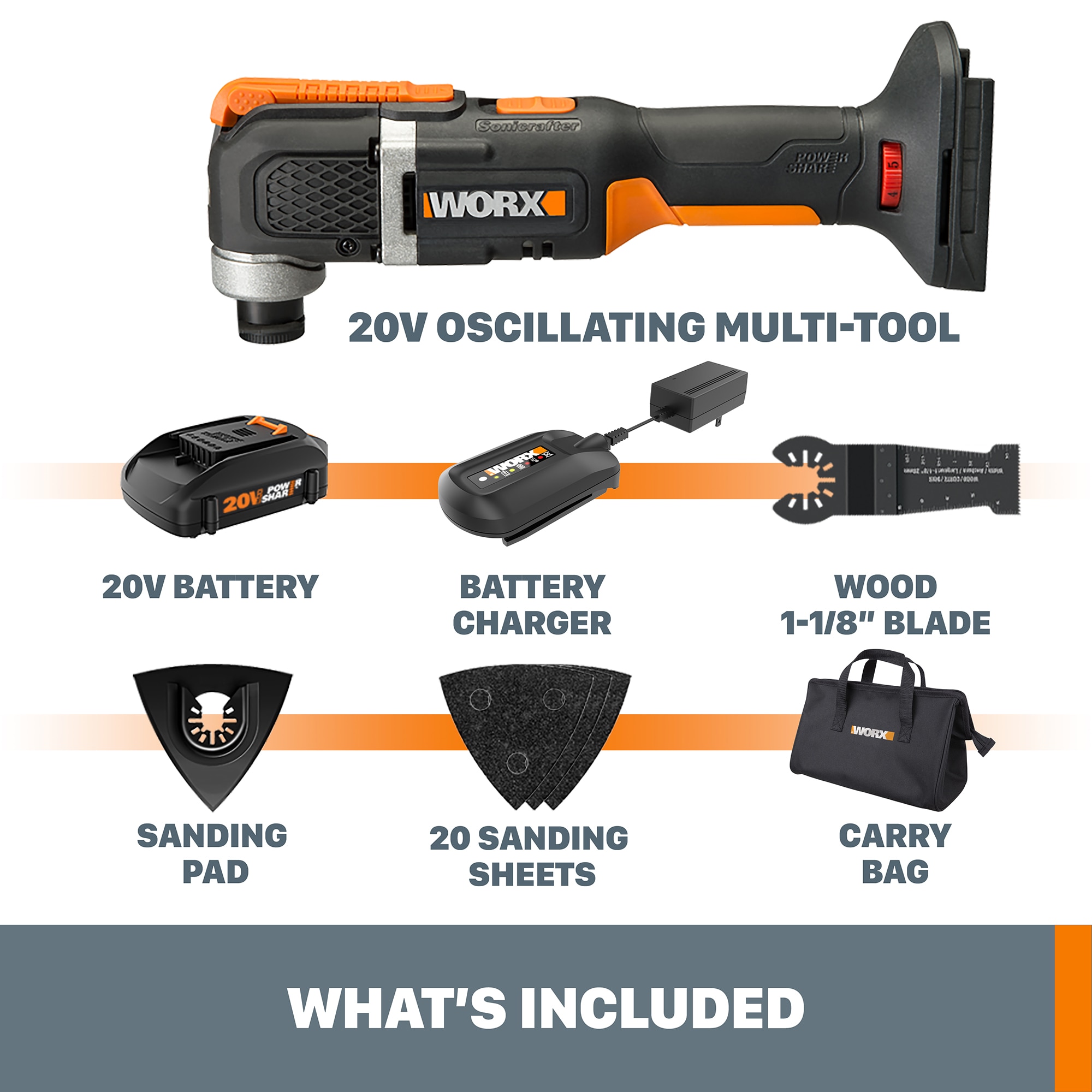WORX POWER SHARE 25-Piece-Amp 20-volt Max Variable Speed Oscillating Multi- Tool Kit with Soft Case (1-Battery Included) at