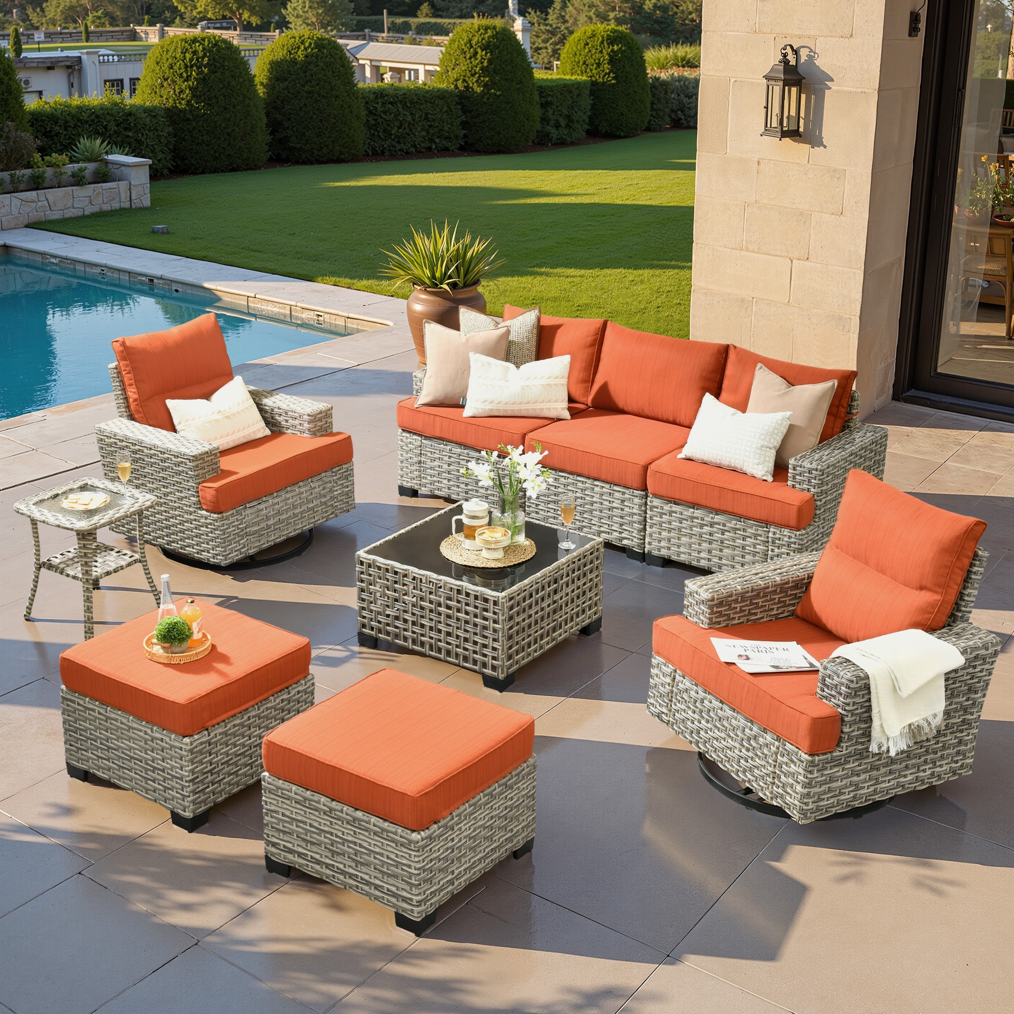 ALTRIGUS 6L-YZTBS8091-AL 9 -Piece Wicker Patio Sofa Conversation Set with Orange Cushions