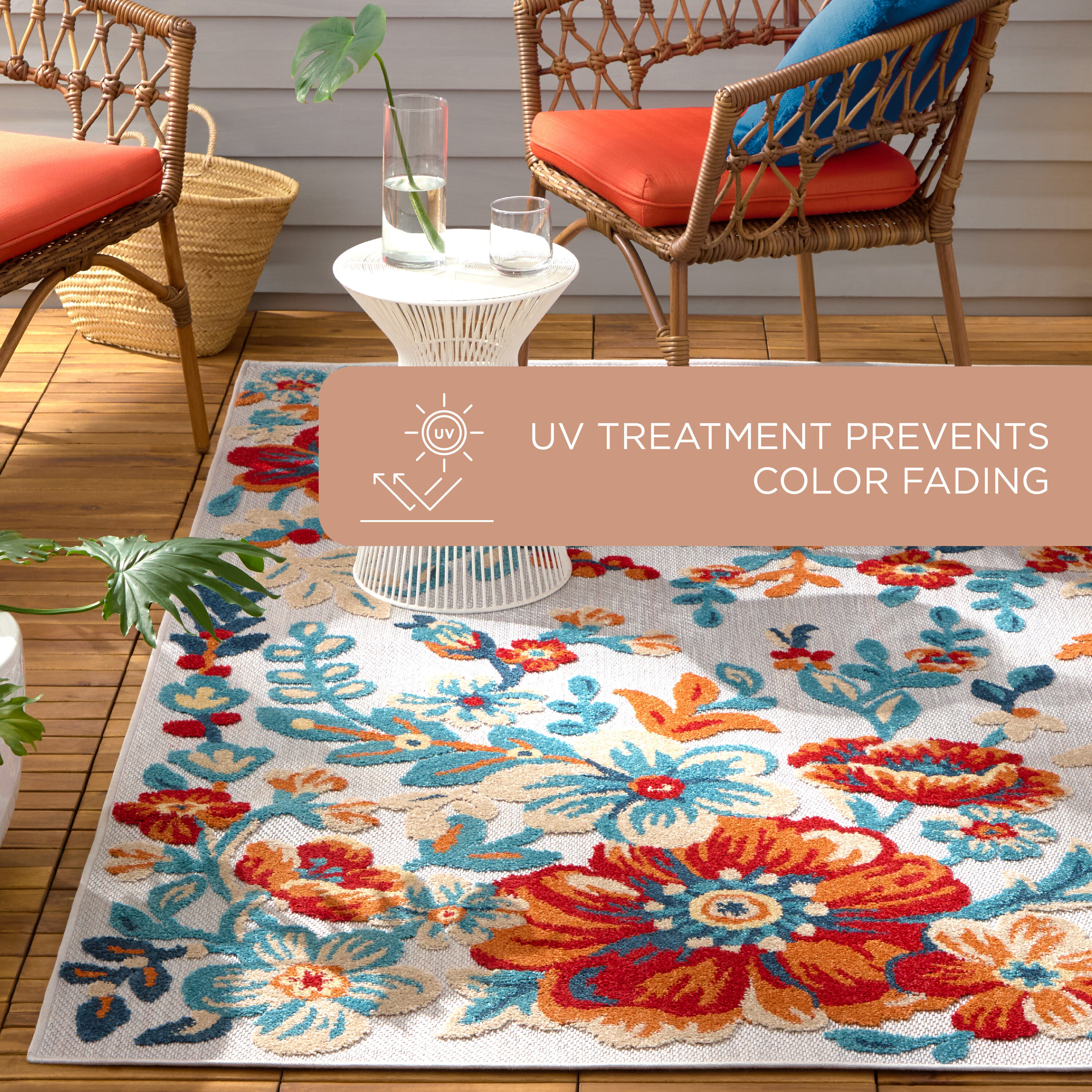 Ivory Red Blue Floral Tufted Indoor Outdoor Area Rug