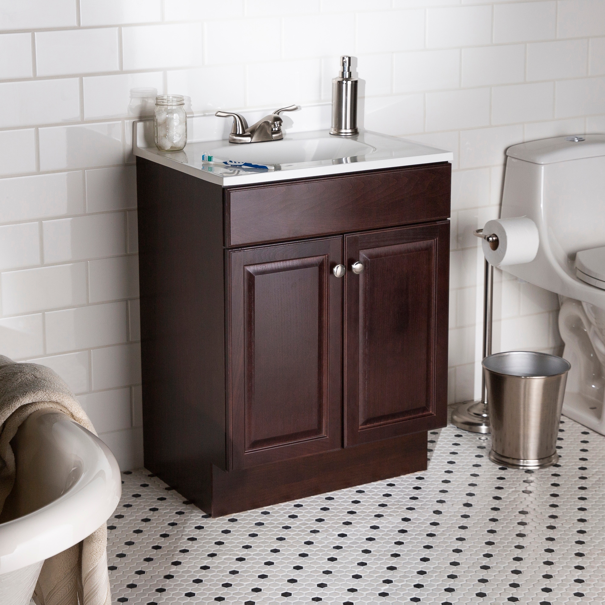 Project Source 24 In Java Brown Single Sink Bathroom Vanity With White Cultured Marble Top In The Bathroom Vanities With Tops Department At Lowes Com