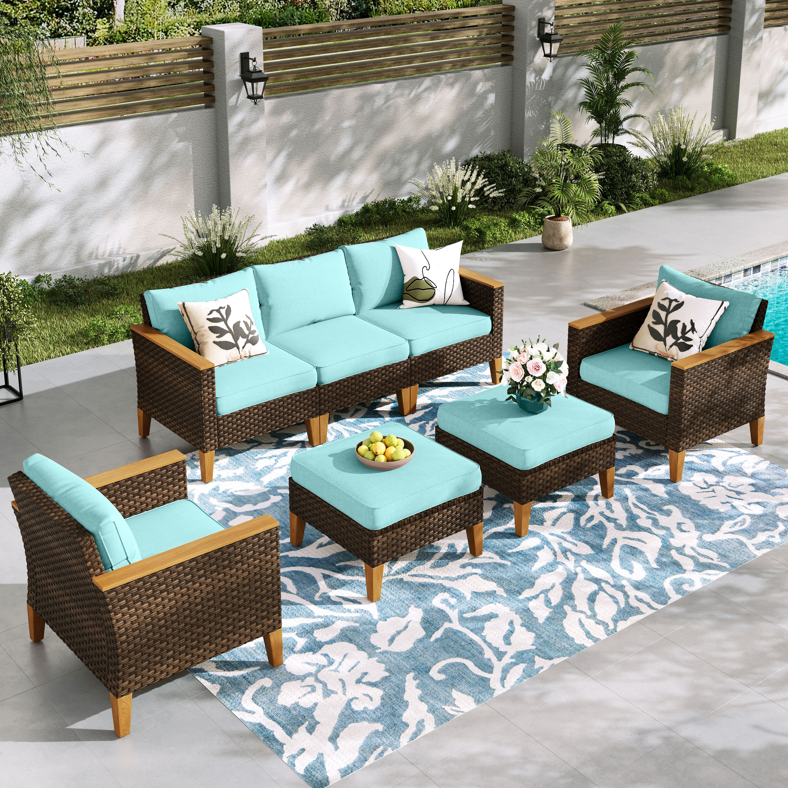 Sunshine Valley CR006-01-7-BU 7 -Piece Wicker Patio Conversation Set with Blue CUSHION PRO Cushions