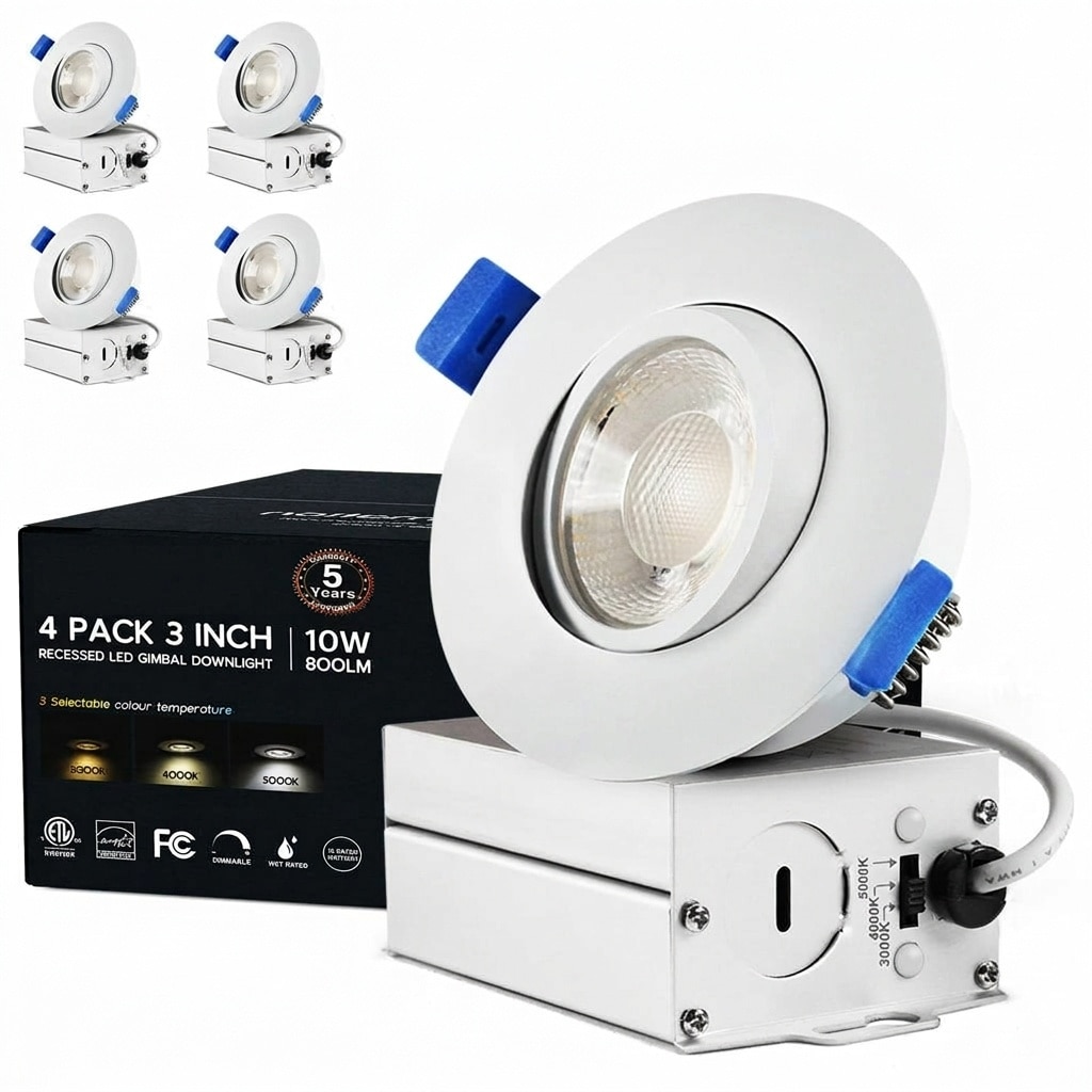  4 Pack 3 Inch Gimbal LED Recessed Light Adjustable Color Temperature Waterproof Aluminum Downlight with Junction Box for Bathroom Kitchen