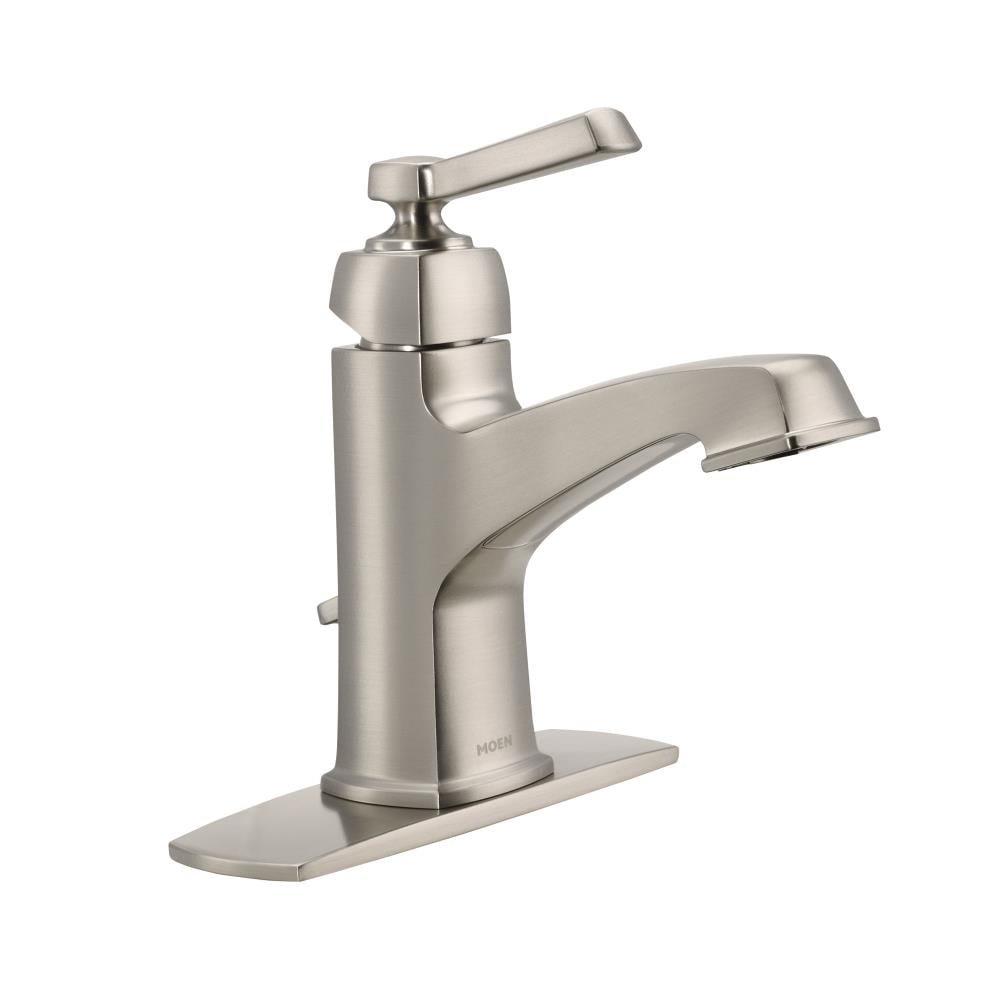 Moen 6200SRN Boardwalk Spot Resist Brushed Nickel Single hole 1-handle WaterSense Mid-arc Residential Handle Bathroom Sink Faucet with Drain with Deck Plate
