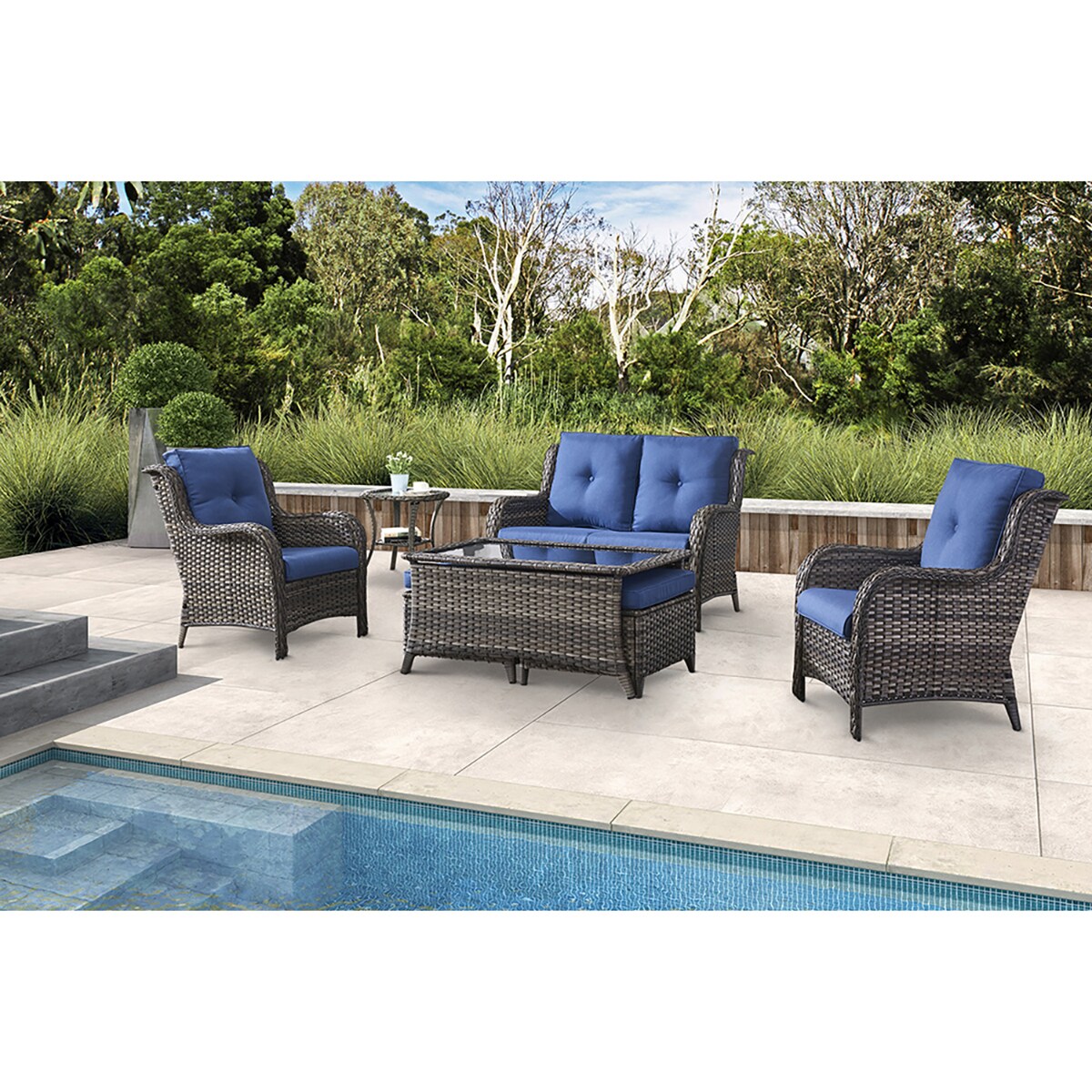 Rilyson FS039017016019026-1 7 -Piece Wicker Patio Conversation Set with Blue Cushions