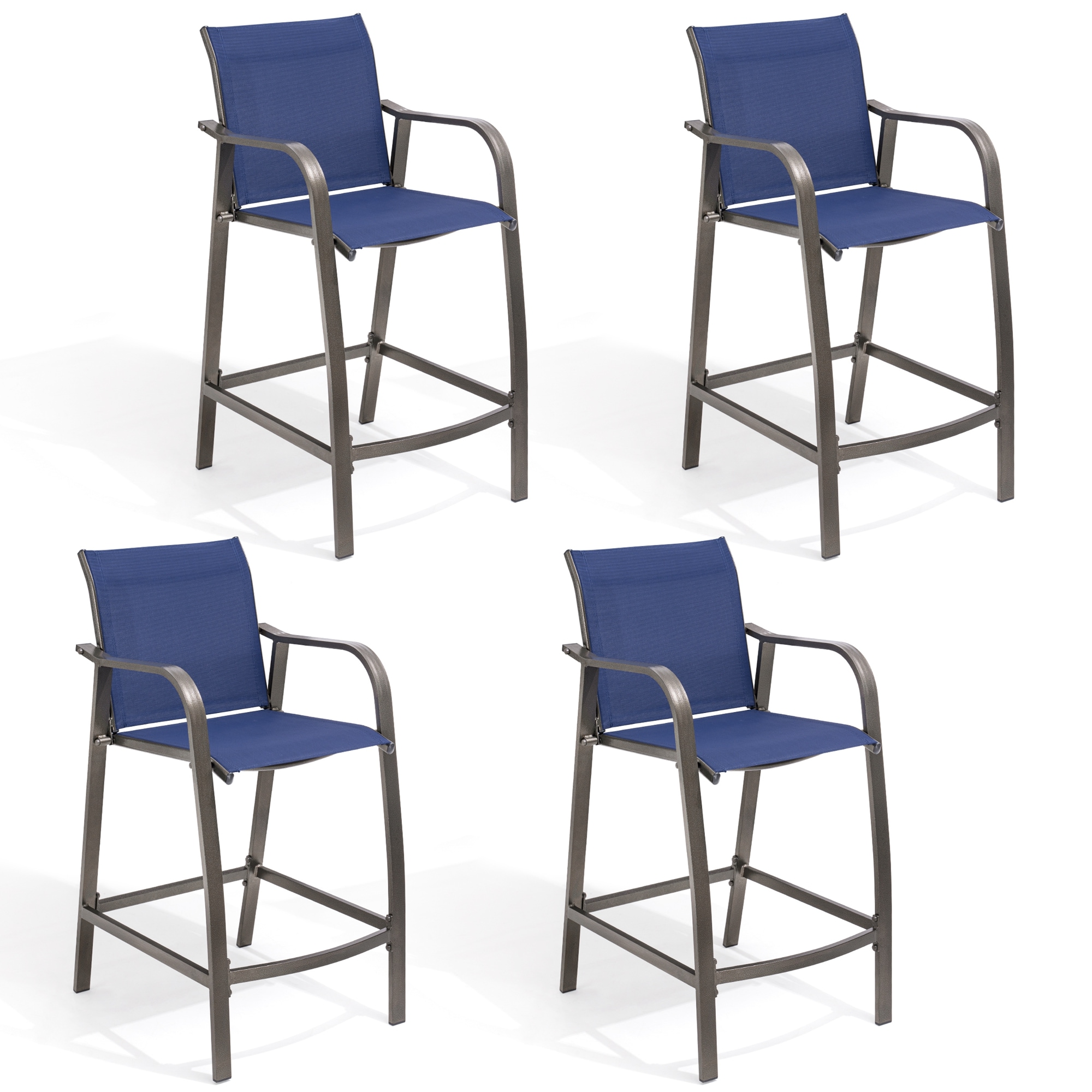 Crestlive Products CL-ST001NAV-2SET 4 Pieces Patio Bar Stools Set Set of 4 Brwon Aluminum Frame Stationary Bar Stool Chair with Navy Texteline Sling Seat