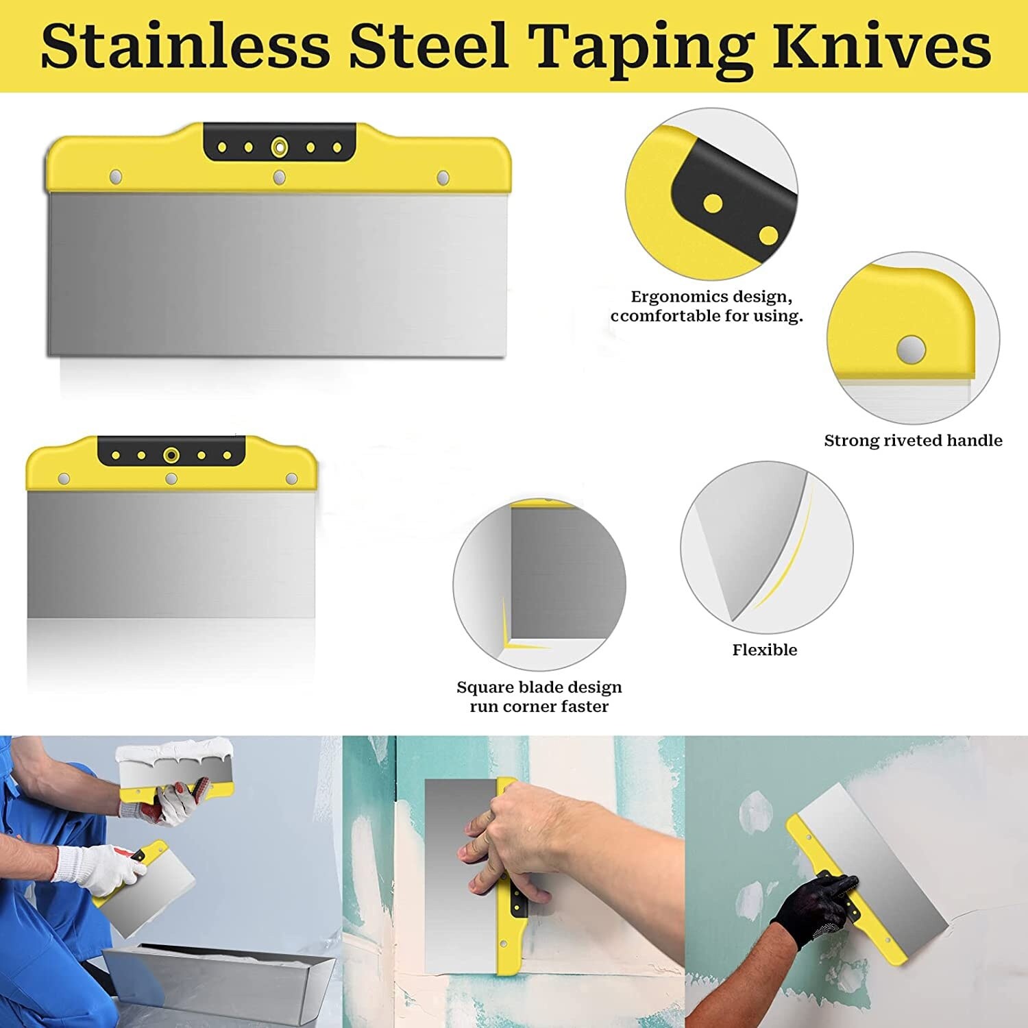 Phyfalip Drywall Taping Knife Set Stainless Steel Putty Scraper with ...