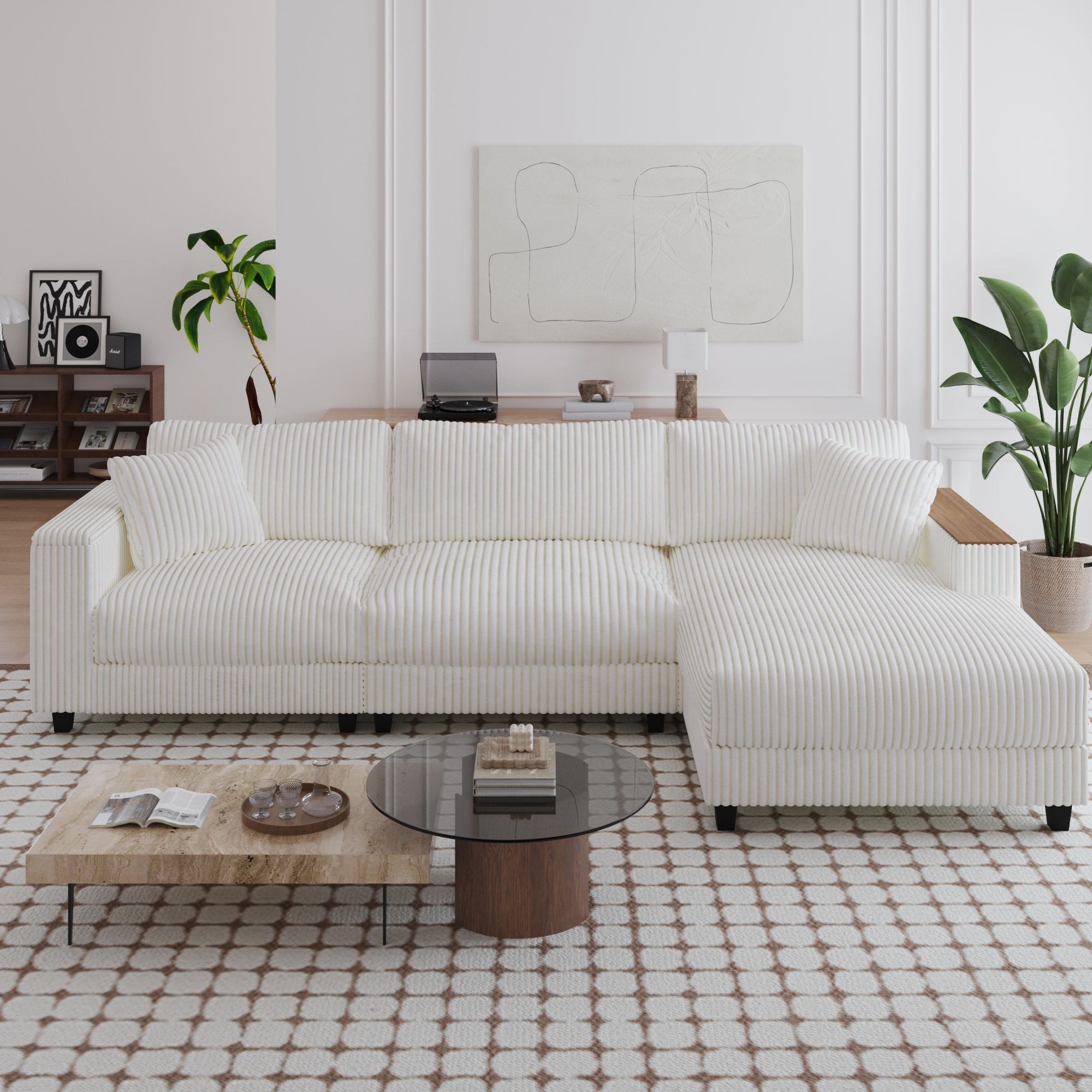 GDFStudio 338724 Modern Corduroy L-shaped Sectional with Reversible Chaise-White