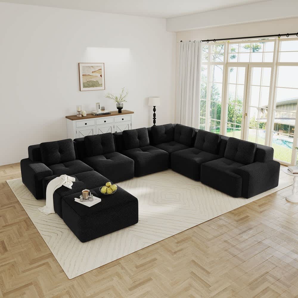 Coolbibila Modern 151 in Black Corduroy V Shaped Modular Sectional Sofa 6 Seat 2 Ottomans Deep Seat Tufted