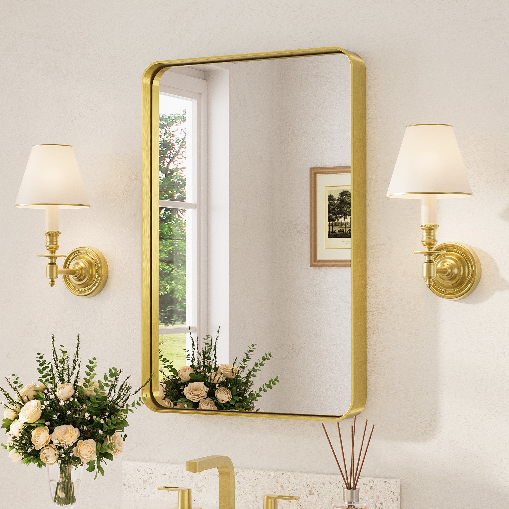TETOTE 20x30 Inch Brushed Gold Bathroom Vanity Mirror Tempered Glass Metal Framed Over Sink Horizontal/Vertical #LSC-TE-2030GD-B15