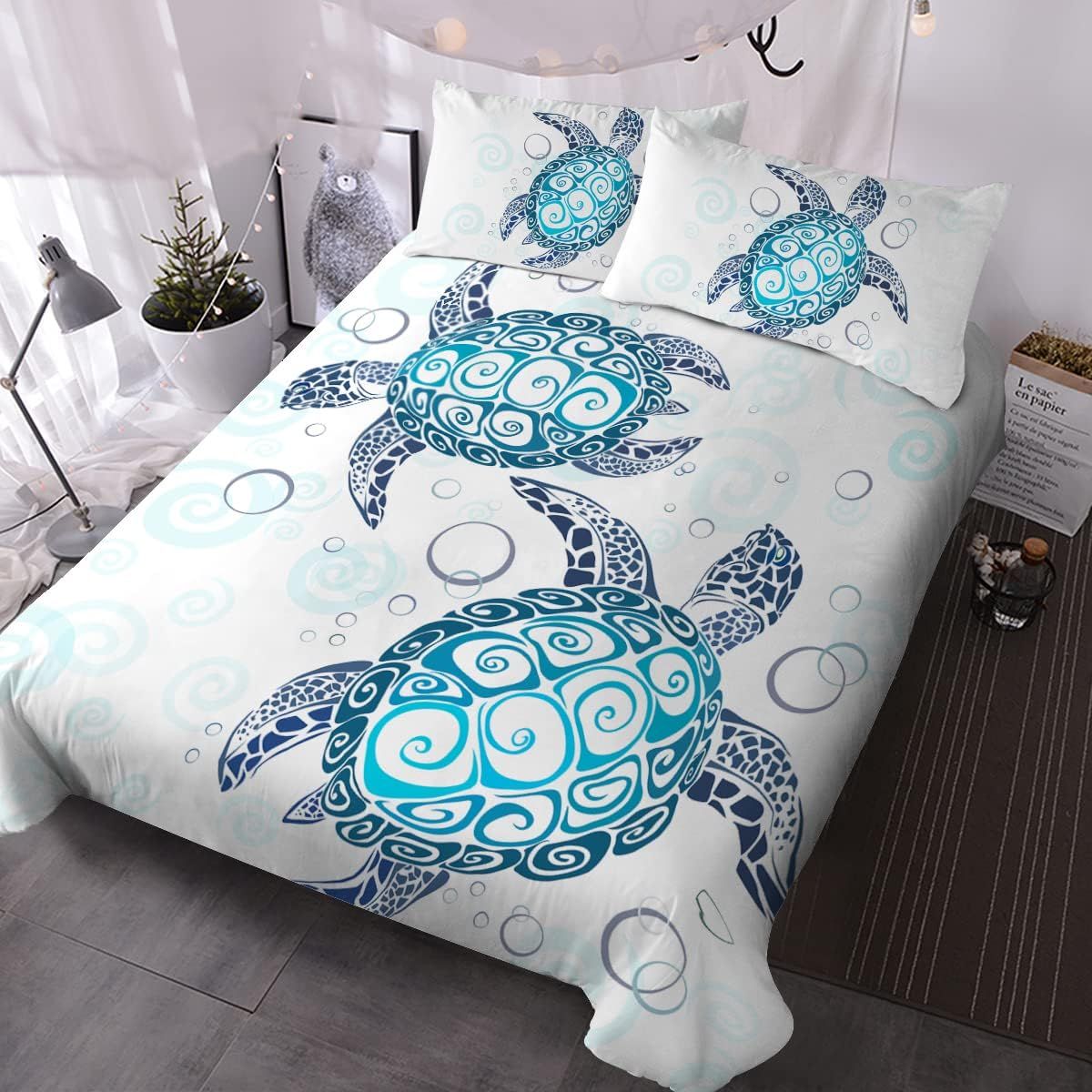 JUSHUA Sea Turtle Bedding features Aqua Teal Blue Duvet Cover Sets with Beach Turtle Twin Size Bed Sets for Girls Women Ocean themed 3 Piece Turtle Themed Comforter Cover with 2 Pillowcases