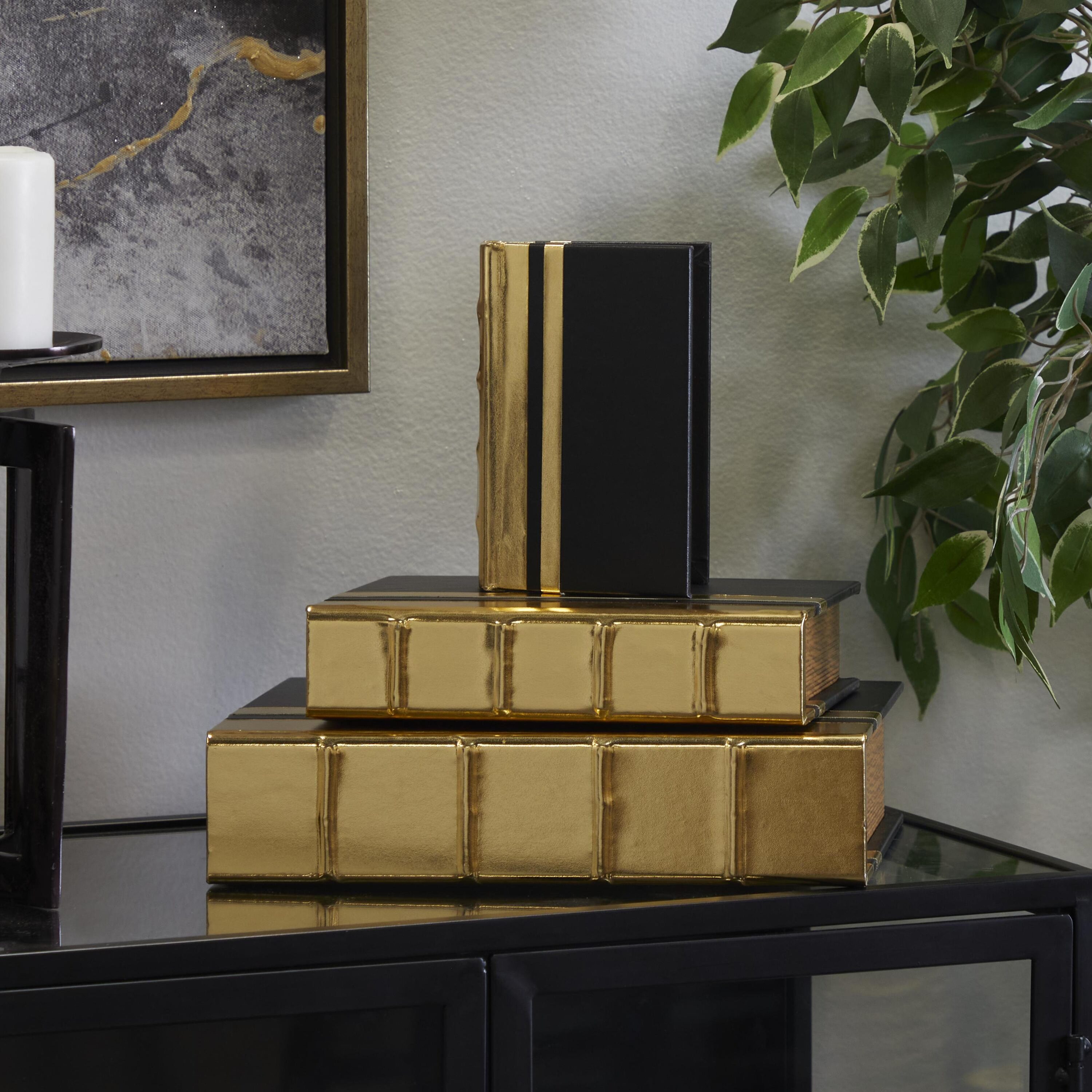 CosmoLiving by Cosmopolitan 32707 3 -Pack Gold Leather Glam Decorative box
