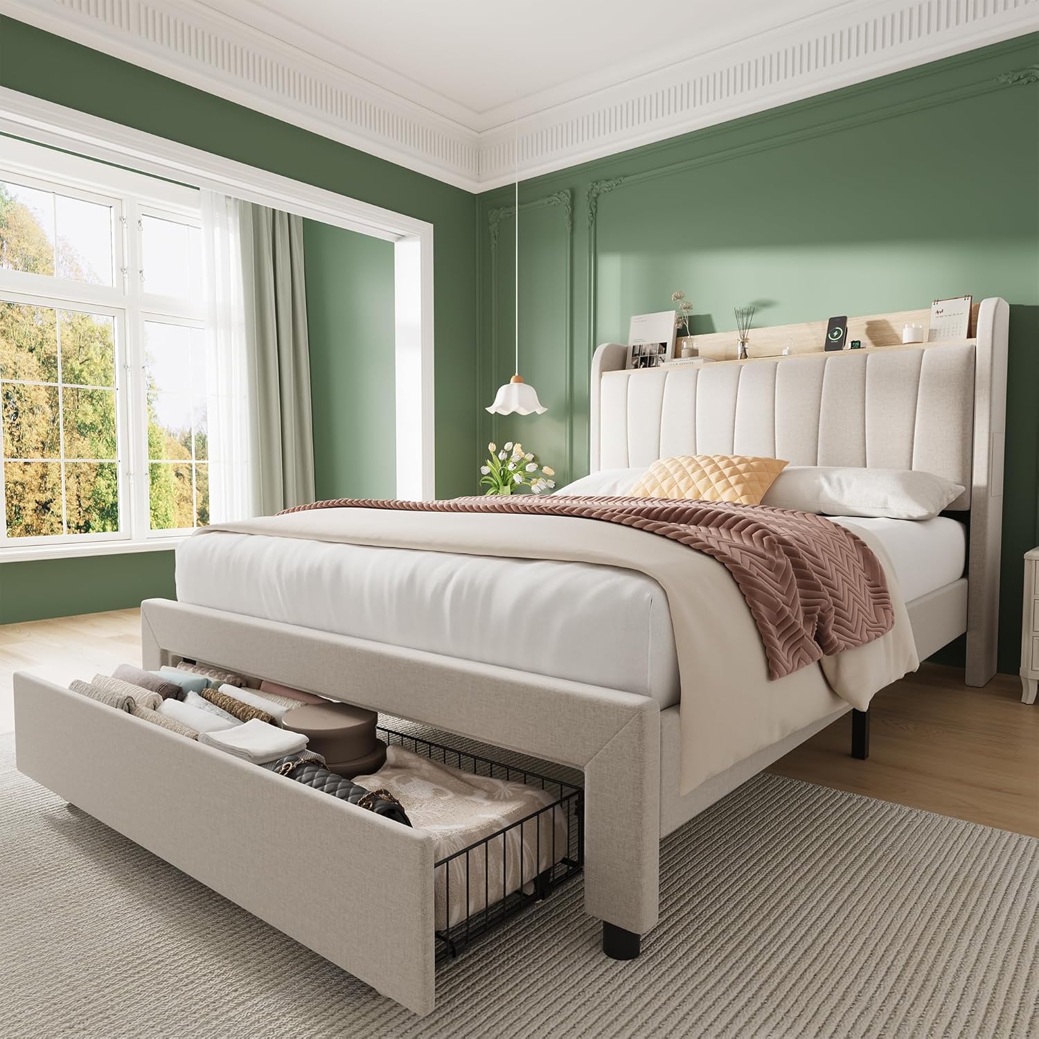 Garvee Full Size Bed Frame with Storage Headboard Wooden Full Bed Frame with Charging Station Metal Platform BedFrame with Large Drawers No Box Spring Needed Easy Assembly Beige