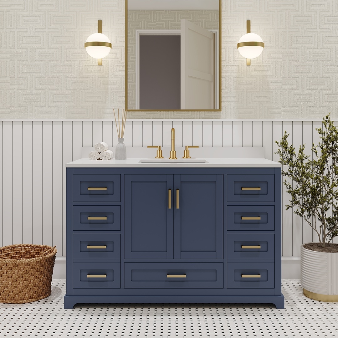 Ayna Decors Maya 48-in Navy Blue Undermount Single Sink Bathroom Vanity with White Quartz Top (Fully Assembled)