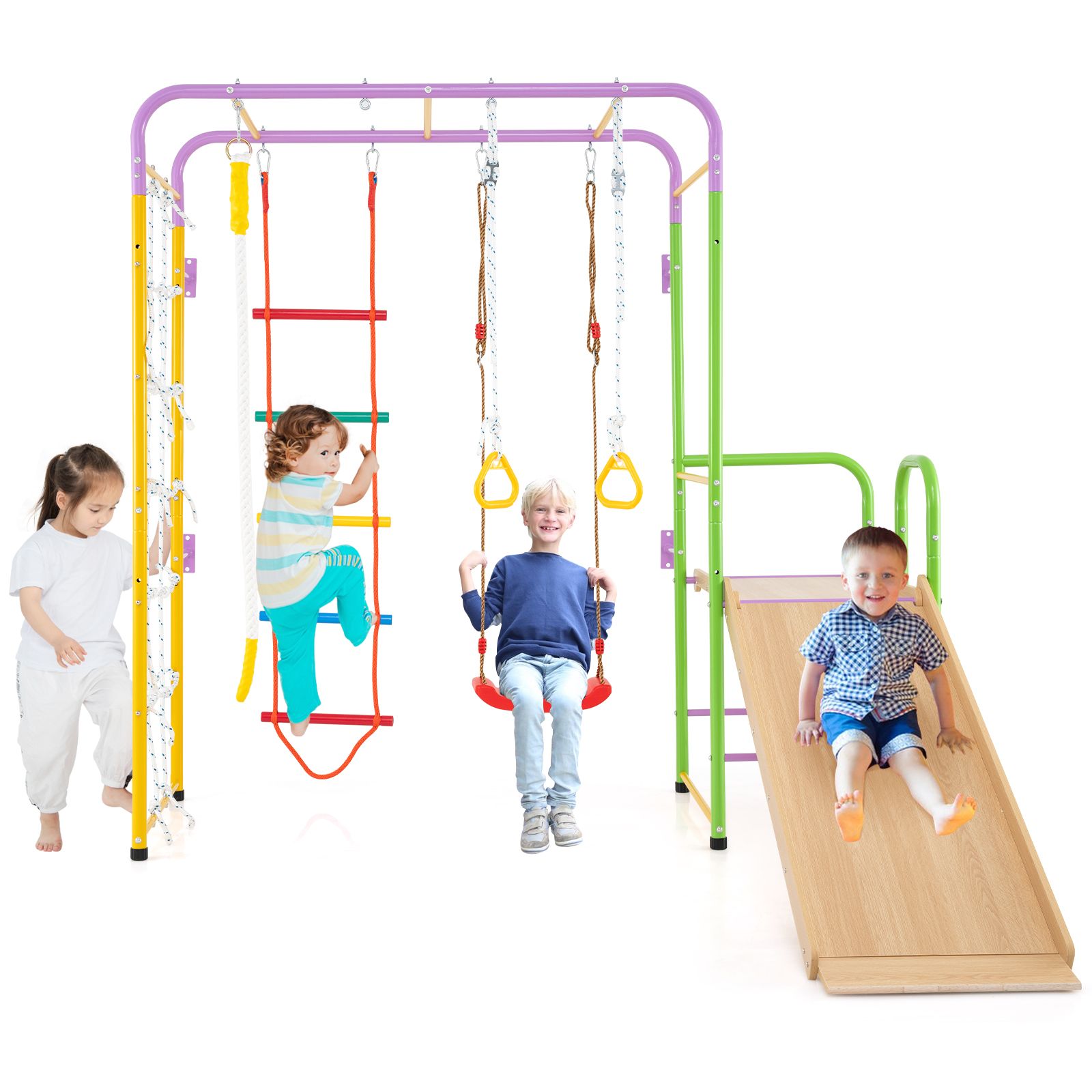Slickblue - 8 in 1 Indoor Jungle Gym Climber Playset with Monkey Bars Ladder Climbing Rope Gym Ri...