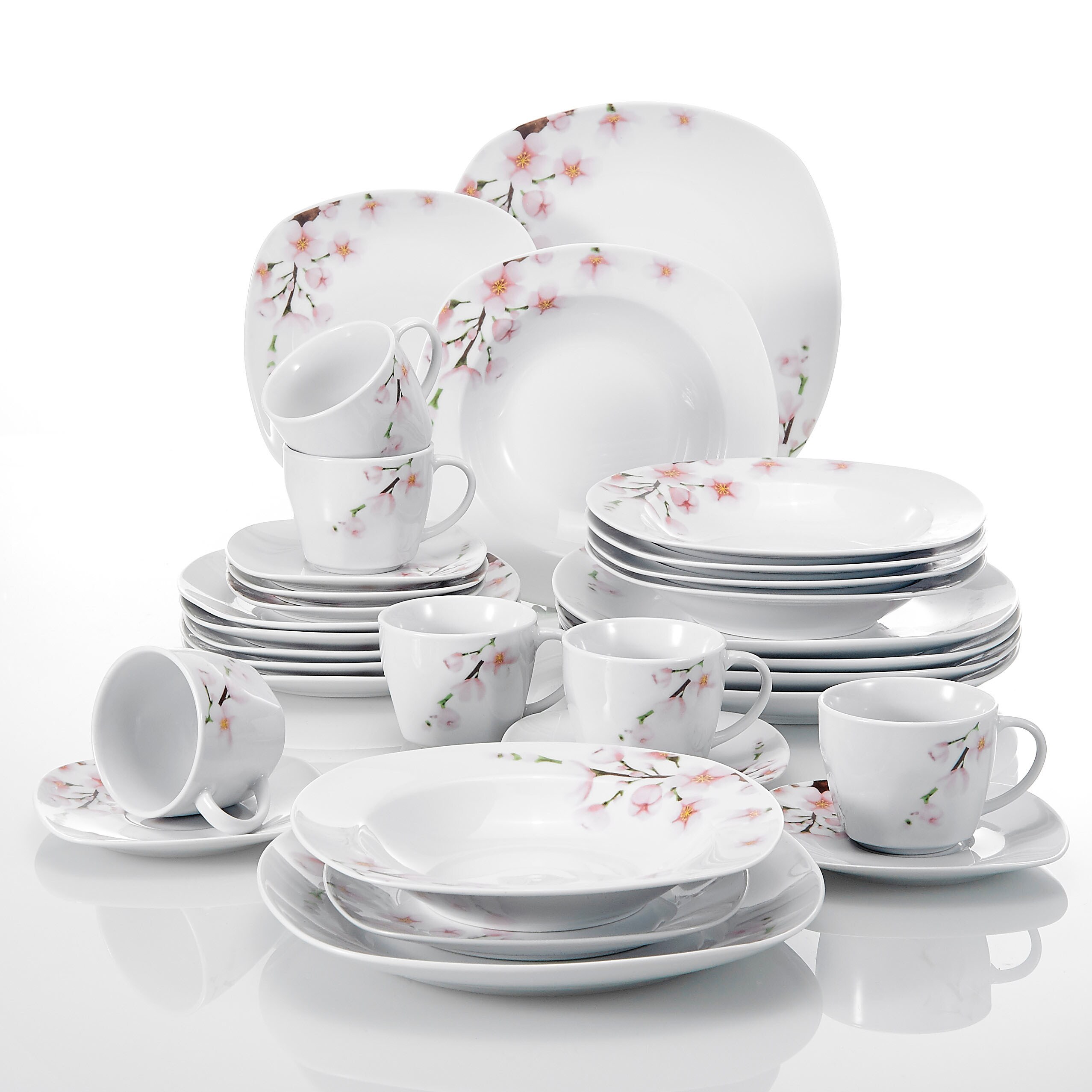 VEWEET Zoey 30-Piece Ivory White Black Decals Porcelain Dinner Combi-Set with Cup & Saucer Set Stoneware Plate Sets Service for 6 
