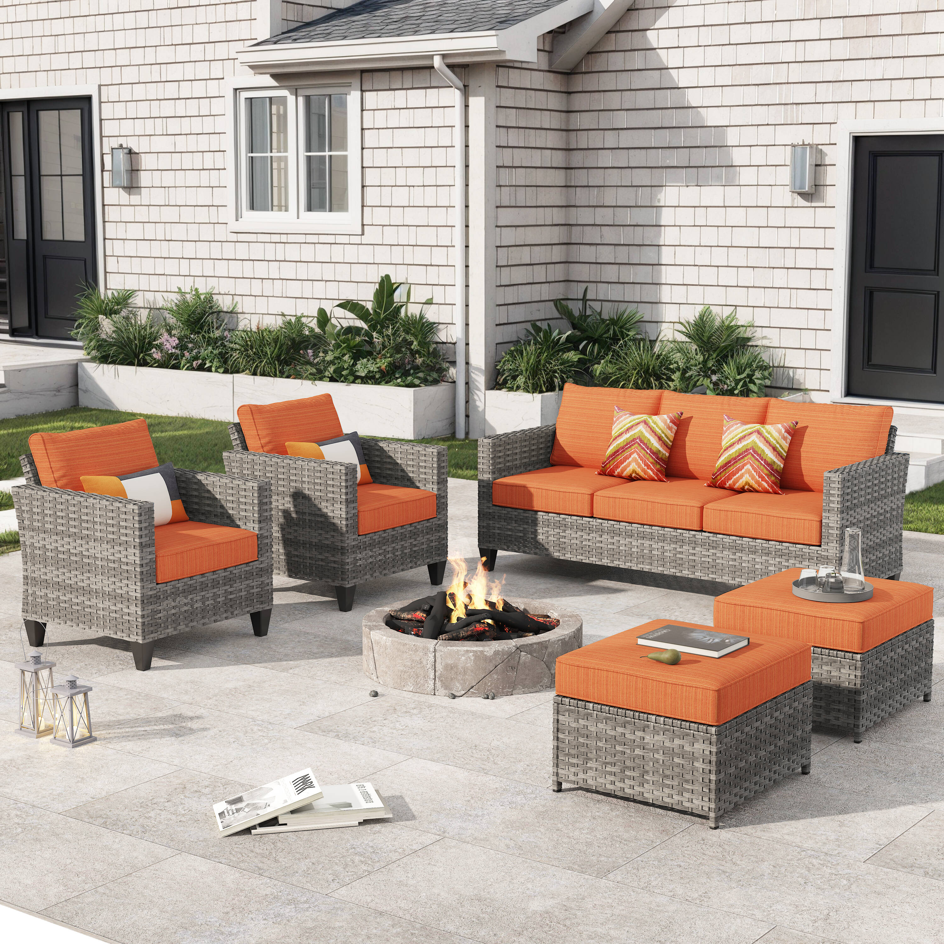 Pouuin SGR805 5 -Piece Wicker Patio Sofa Conversation Set with Orange Cushions