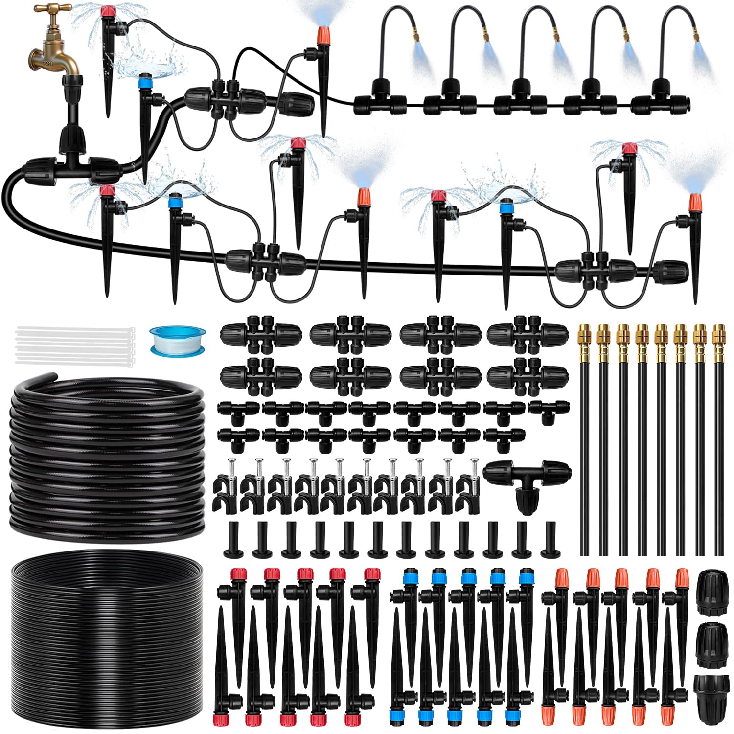 Phyfalip  230FT Drip Irrigation System for Garden with 38pcs Adjustable Copper Nozzles Emitters Automatic Garden Watering System with 1 2 1 4